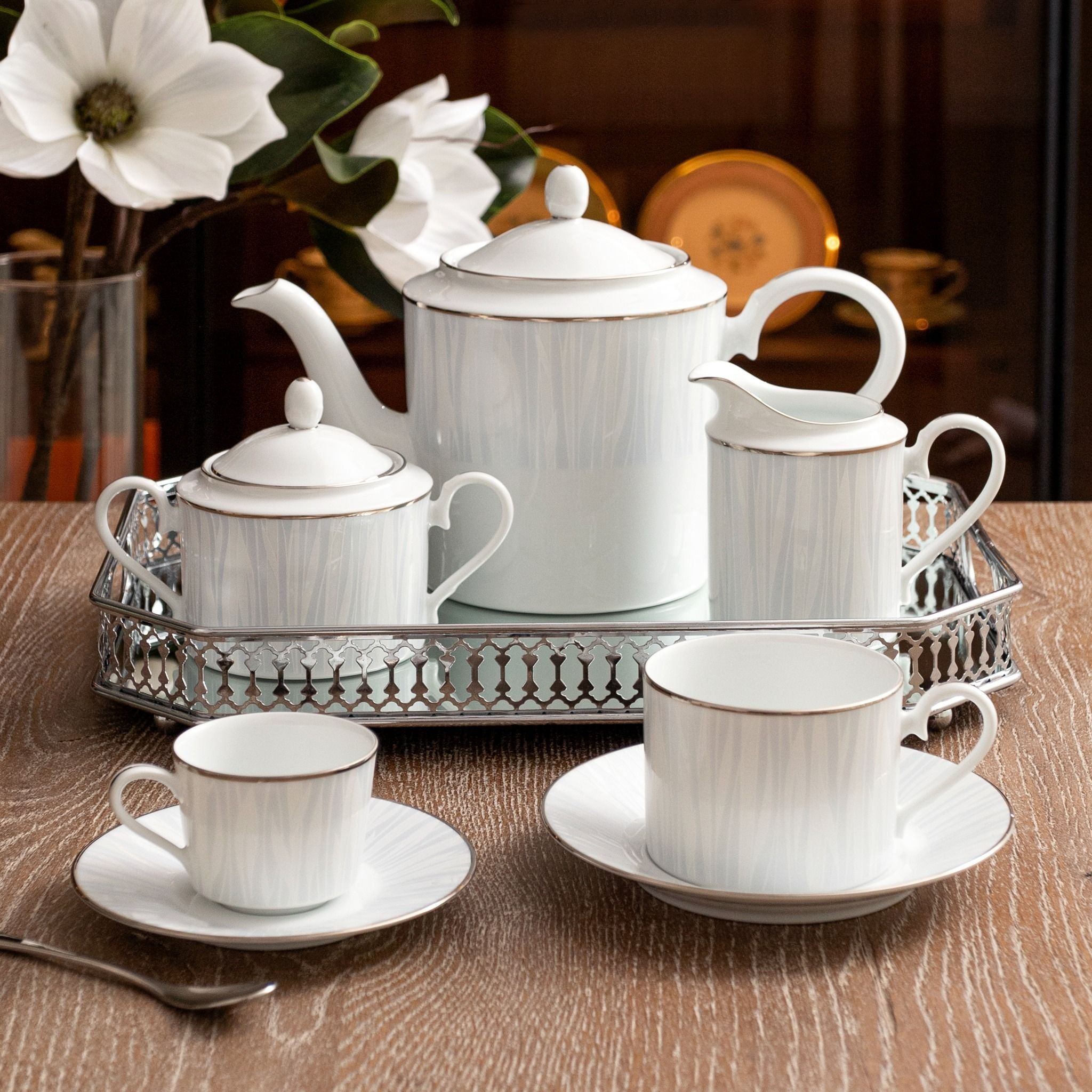 Bộ ấm chén uống trà (ấm 1.500ml, chén 240ml) 15 món sứ trắng | Noritake Glacier Platinum 1702L - T017A