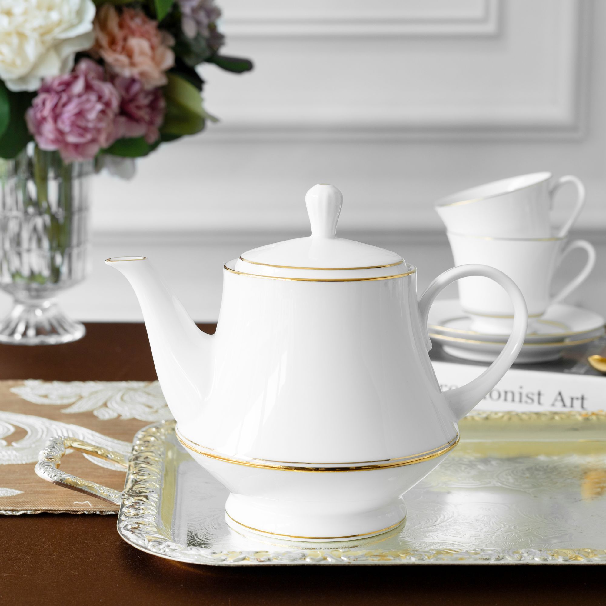 Bộ ấm chén uống trà (ấm 1.200ml, chén 230ml) 15 món sứ trắng | Noritake Gloria L553L - T017A