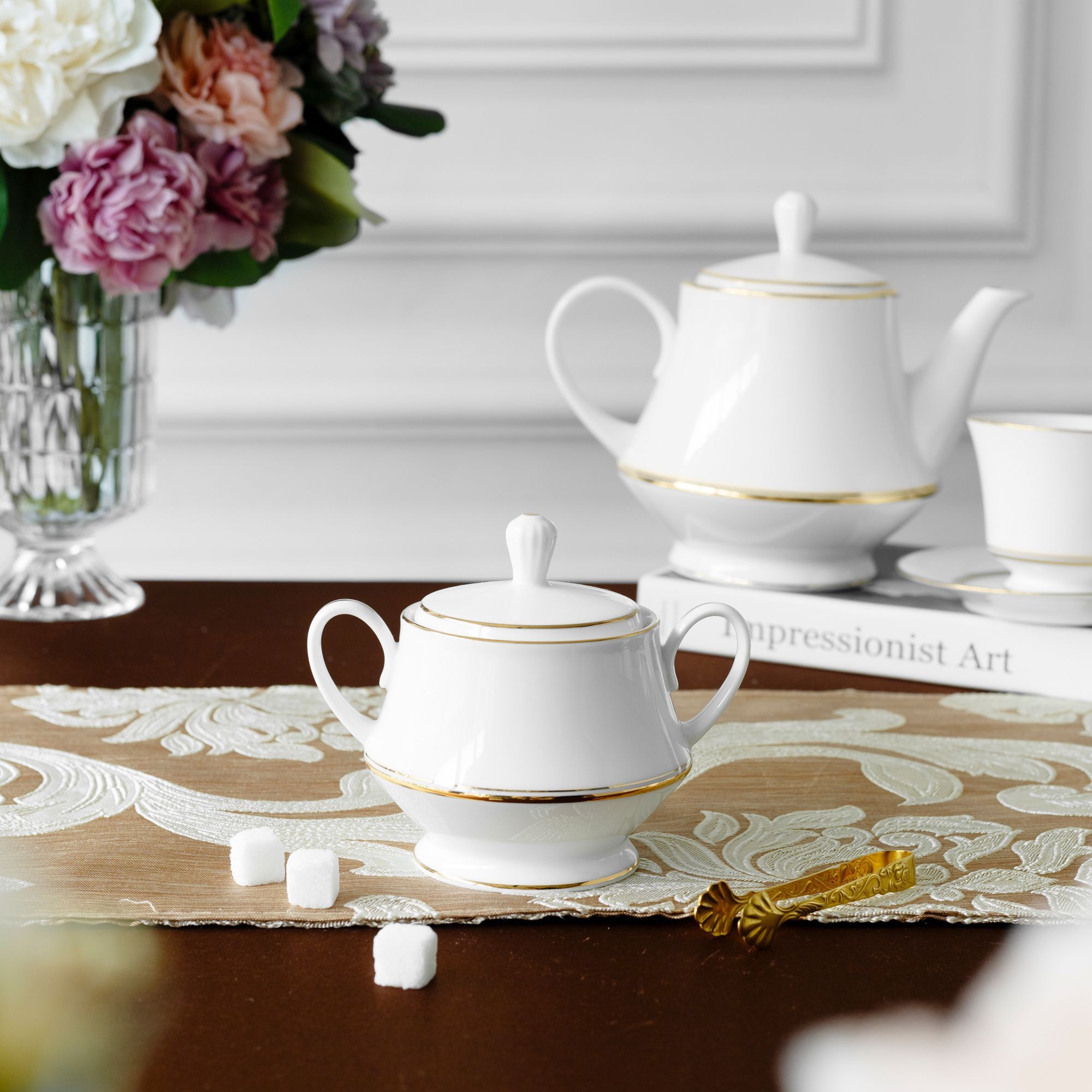 Bộ ấm chén uống trà (ấm 1.200ml, chén 230ml) 15 món sứ trắng | Noritake Gloria L553L - T017A