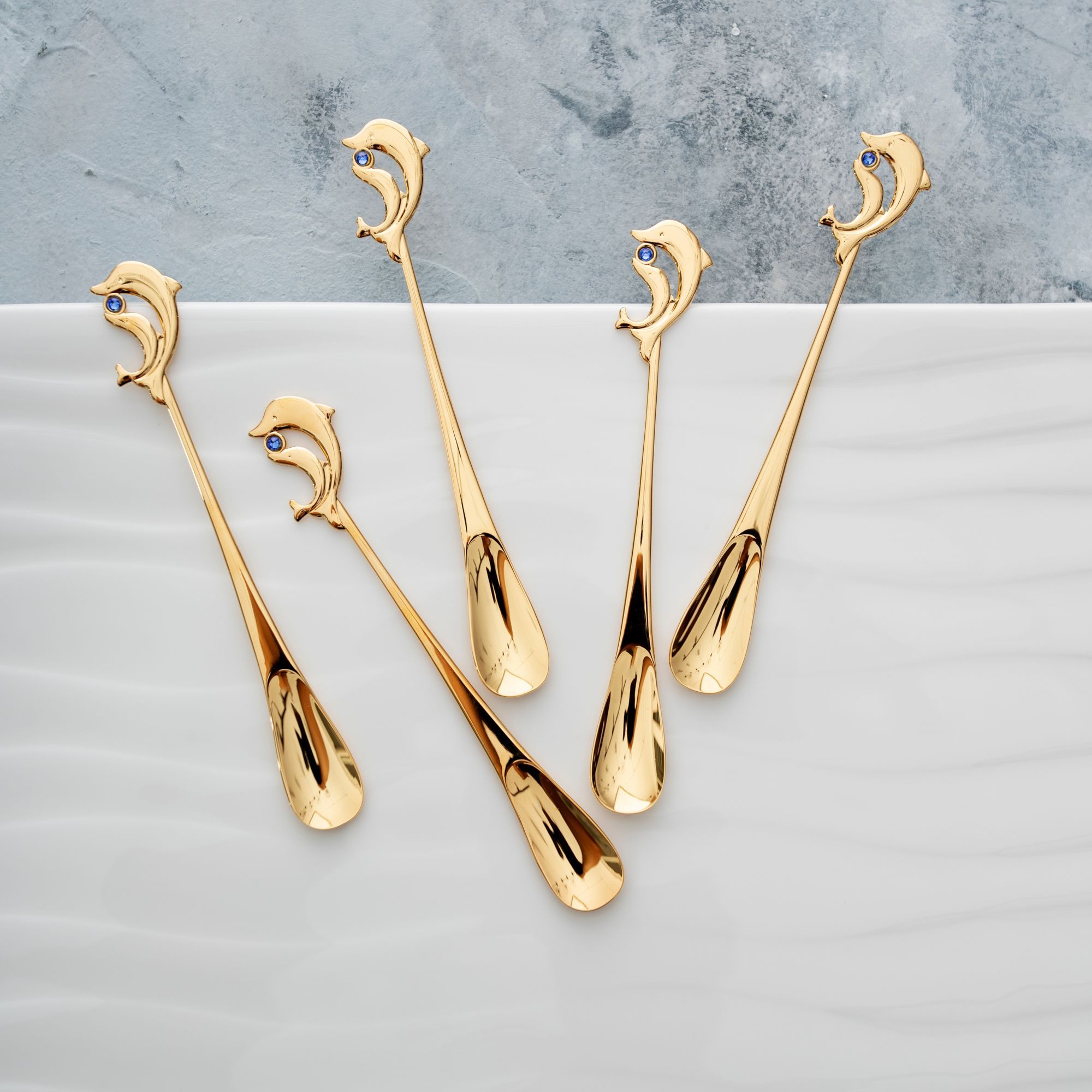 Bộ 05 thìa (muỗng) uống trà mạ vàng hình cá heo đính pha lê Swarovski | Yamaco Gem Dolphin G/P GDG - 5