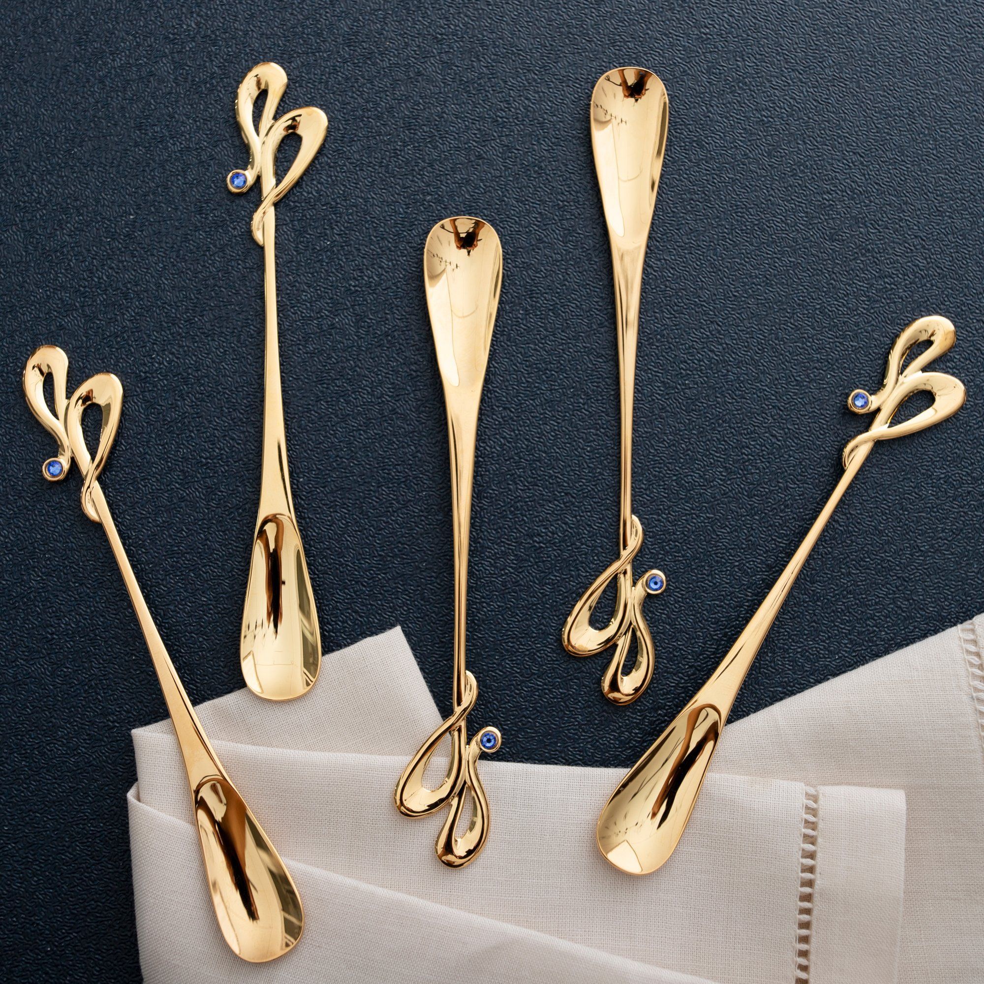 Bộ 05 thìa (muỗng) uống trà mạ vàng hình trái tim đính pha lê Swarovski | Yamaco Gem Heart G/P GHG - 5