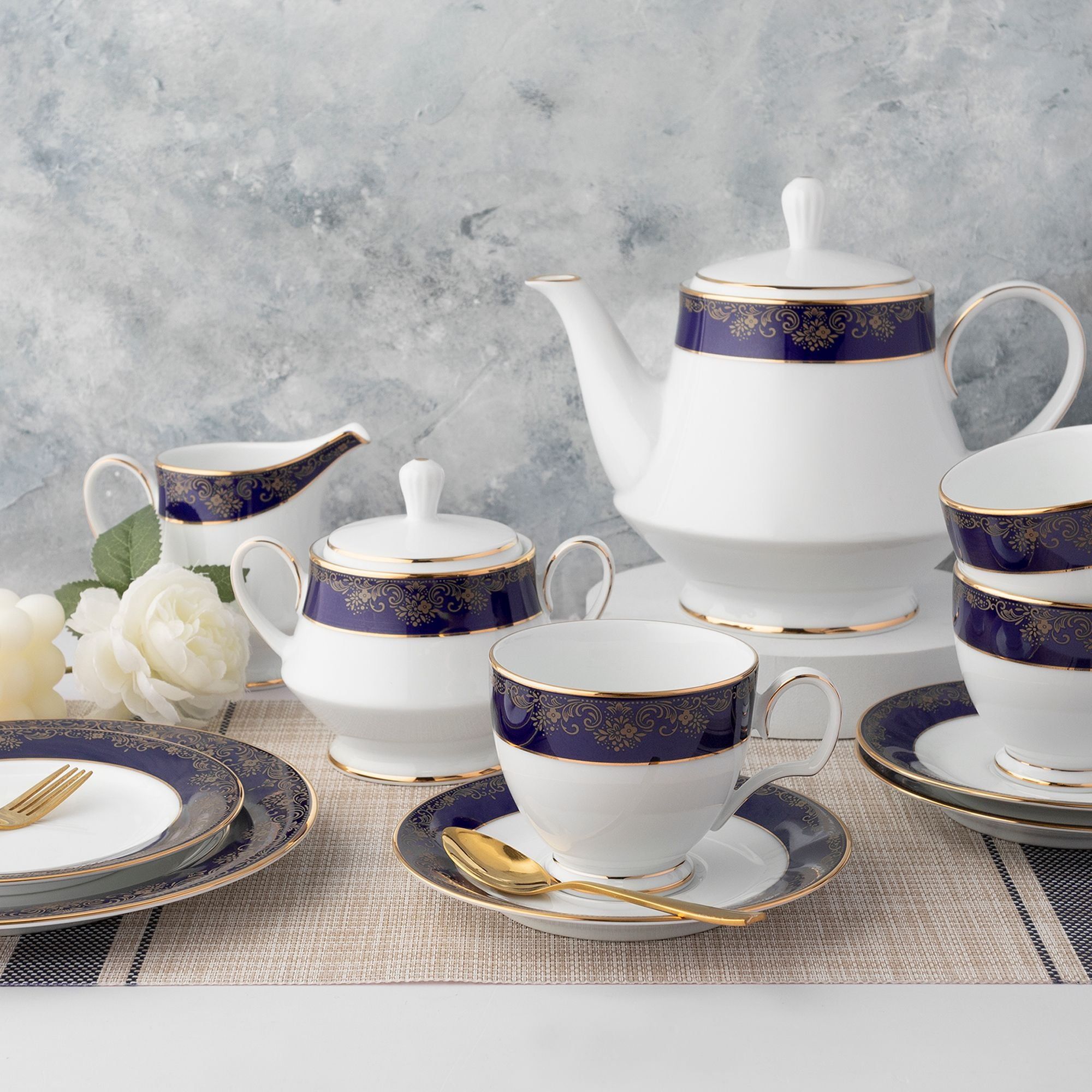 Bộ ấm chén uống trà (ấm 1.200ml, chén 250ml) 18 món sứ trắng | Noritake Lazurite Gold 4399L - T020A