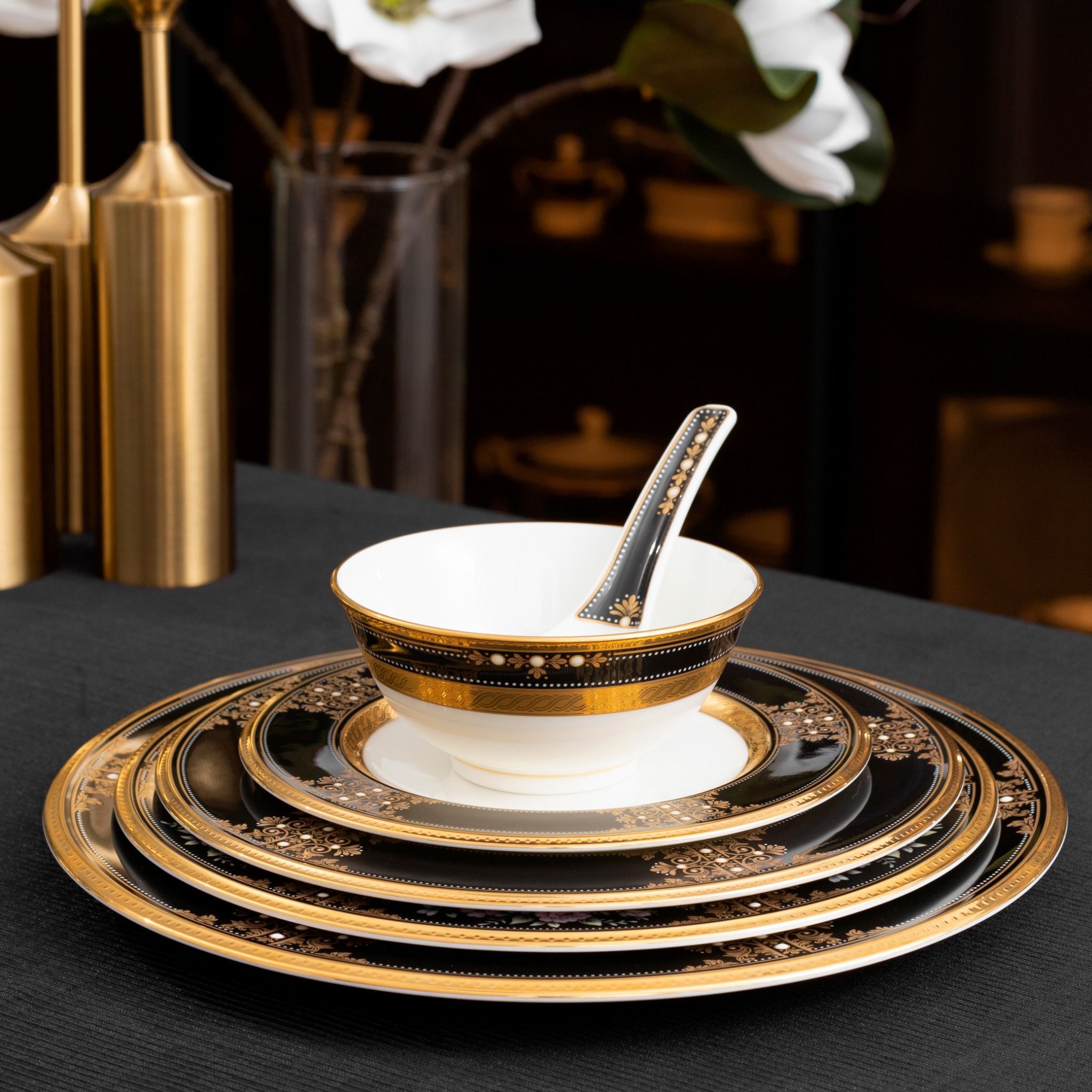 Bộ bát đĩa ăn châu Á cơ bản 22 món (cho 6 người) sứ xương Nhật Bản | Noritake Evening Majesty 4818J - D022AA