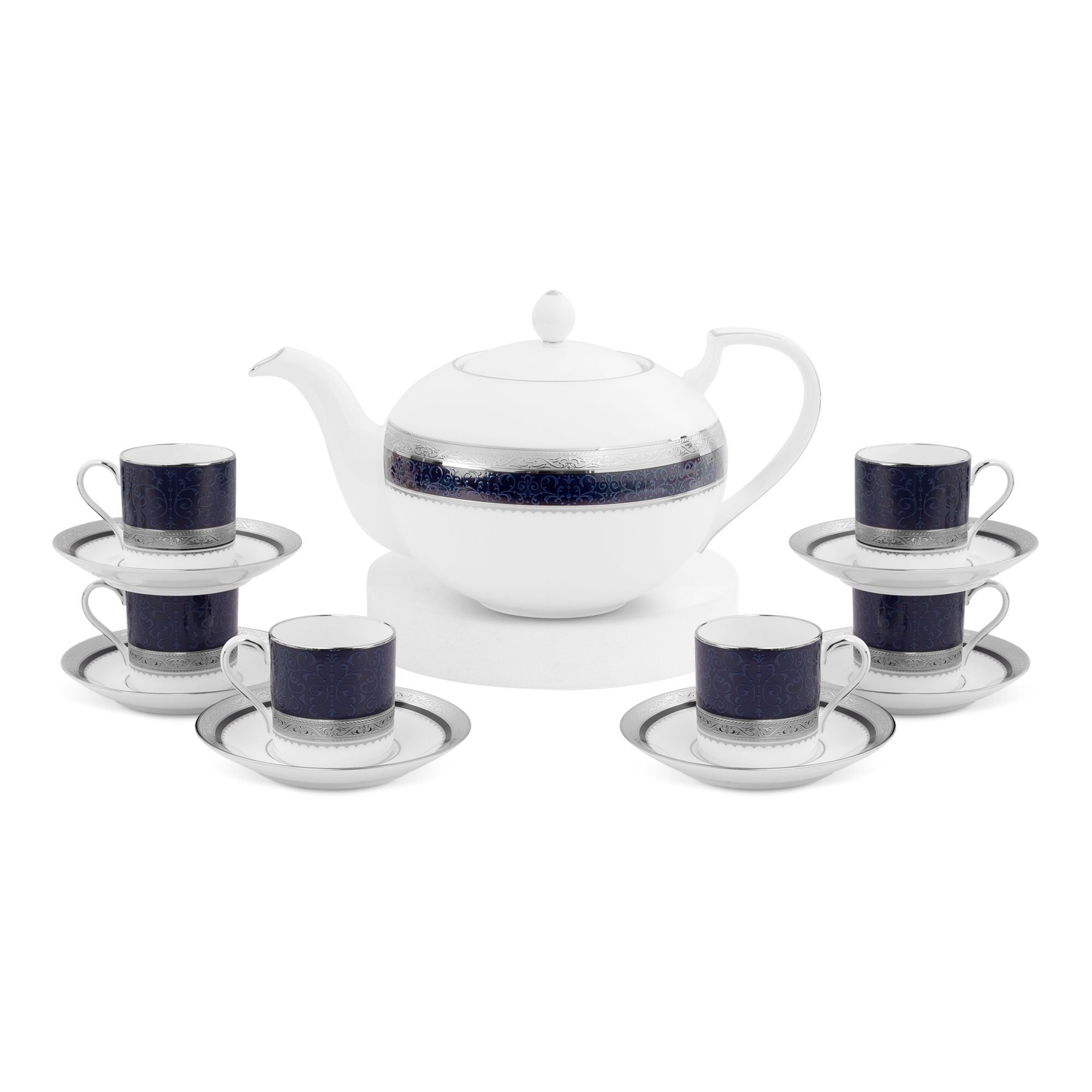 Bộ ấm chén uống trà (ấm 1.150ml, chén 90ml) 13 món sứ xương | Noritake Odessa Cobalt Platinum 4922L - T014XR