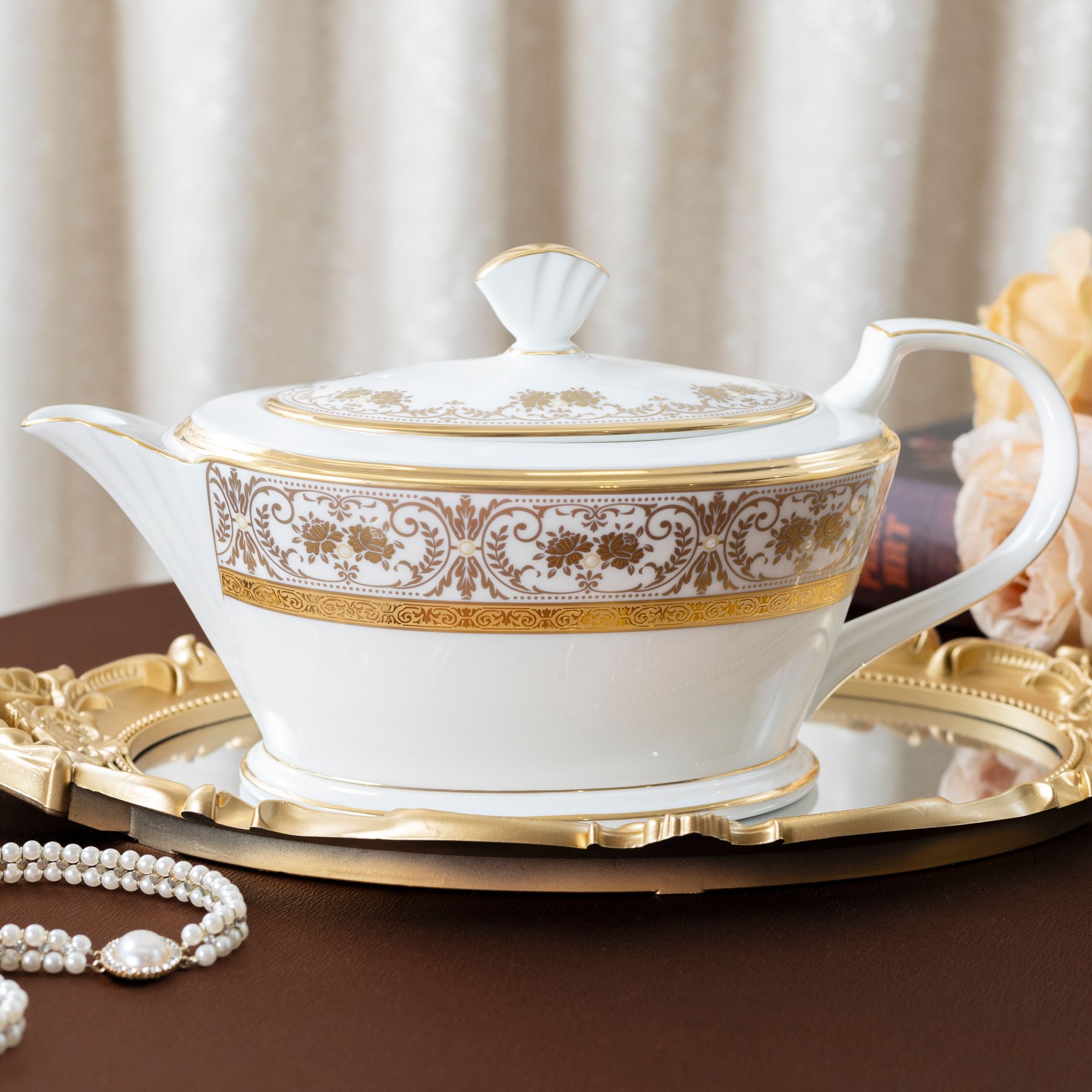 Bộ ấm chén trà (ấm 1.440ml, chén loe 220ml) 13 món sứ xương Nhật Bản | Noritake Georgian Palace 4858J - T014L