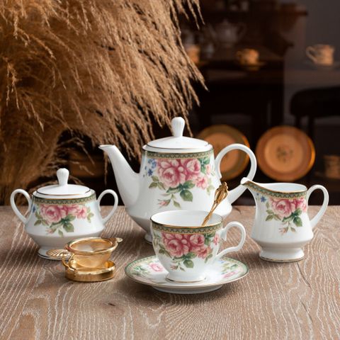  Bộ ấm chén uống trà (ấm 1.200ml, chén 250ml) 15 món sứ trắng | Noritake Rosa Basket 1736L - T017A 