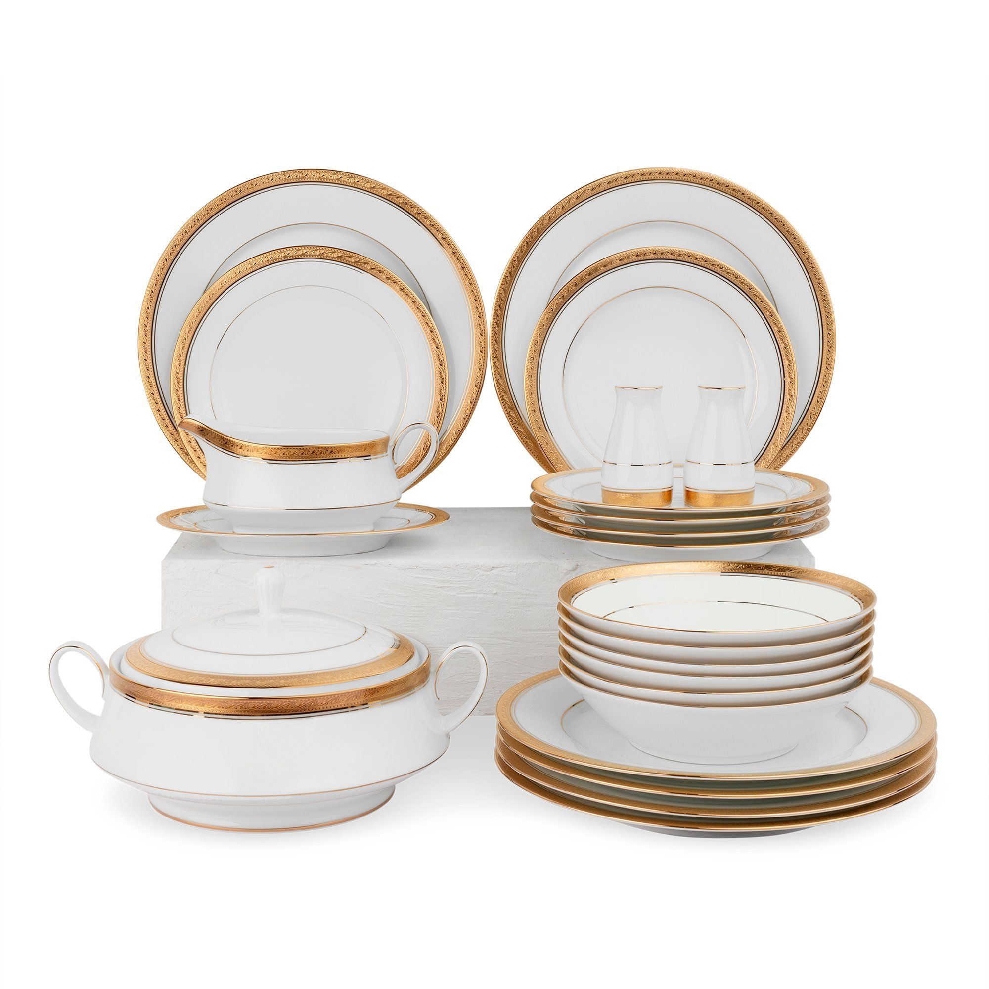 Bộ đĩa ăn kiểu Âu 22 món (cho 6 người) sứ trắng | Noritake Crestwood Gold 4167L - D024AL