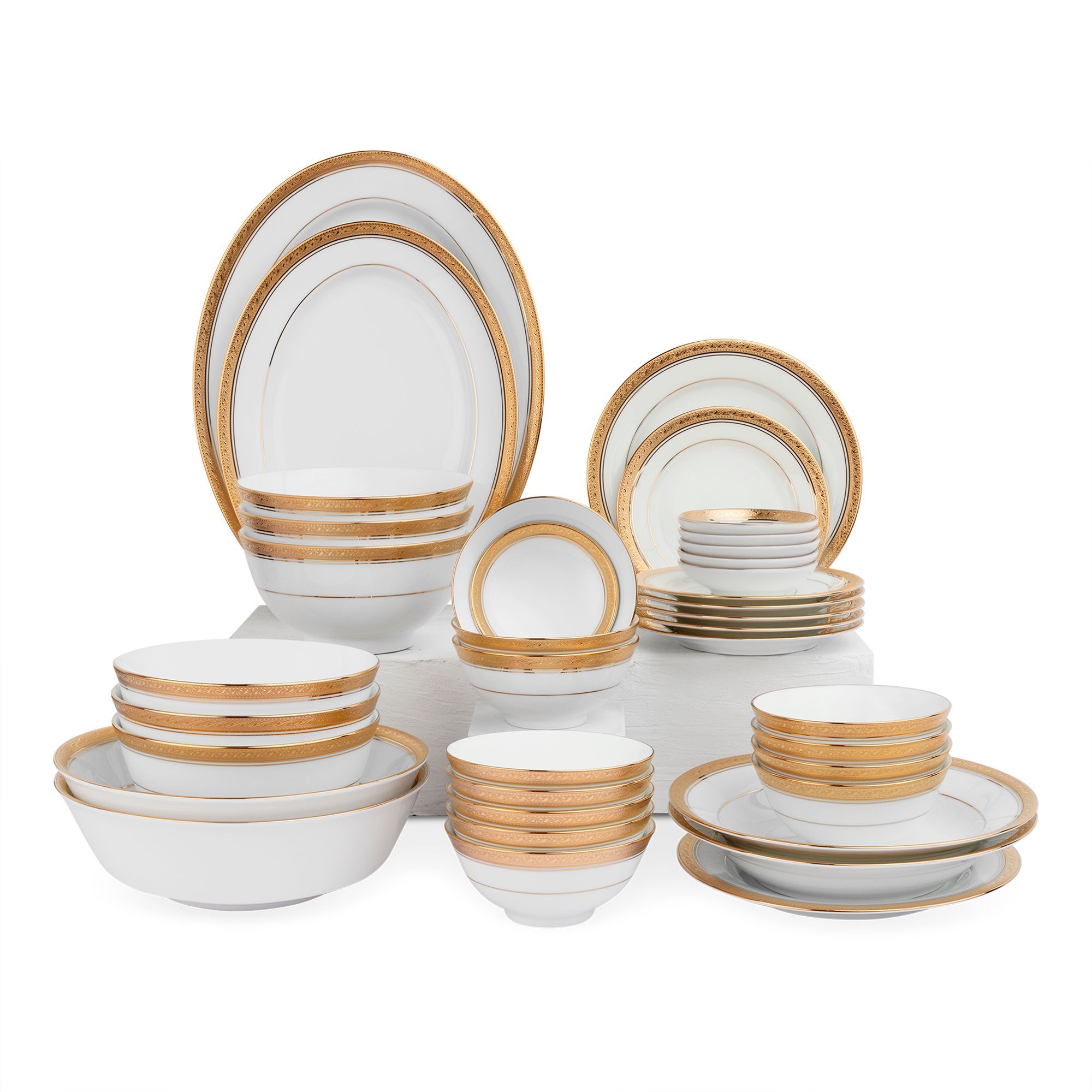 Bộ bát đĩa ăn châu Á đầy đủ 38 món (cho 6 người) sứ trắng | Noritake Crestwood Gold 4167L - D038AB