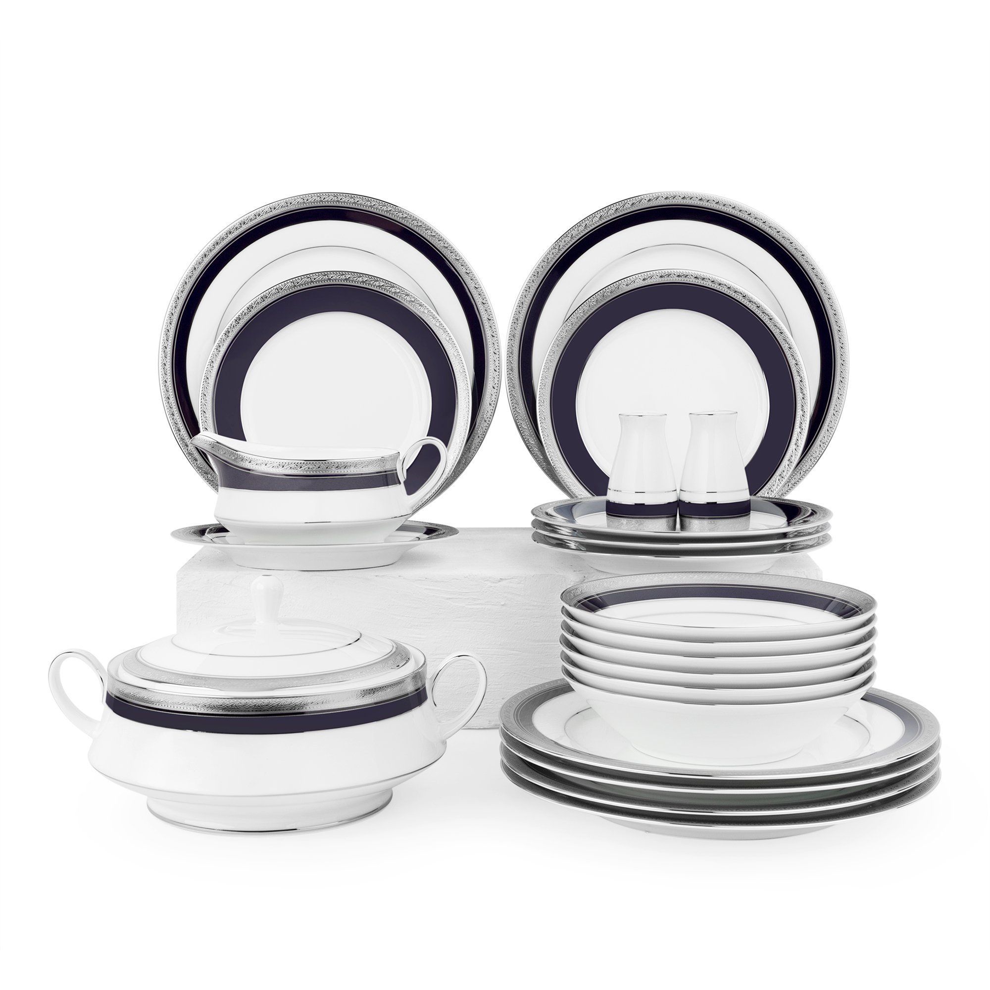 Bộ đĩa ăn kiểu Âu 22 món (cho 6 người) sứ trắng | Noritake Crestwood Cobalt Platinum 4170L - D024AL