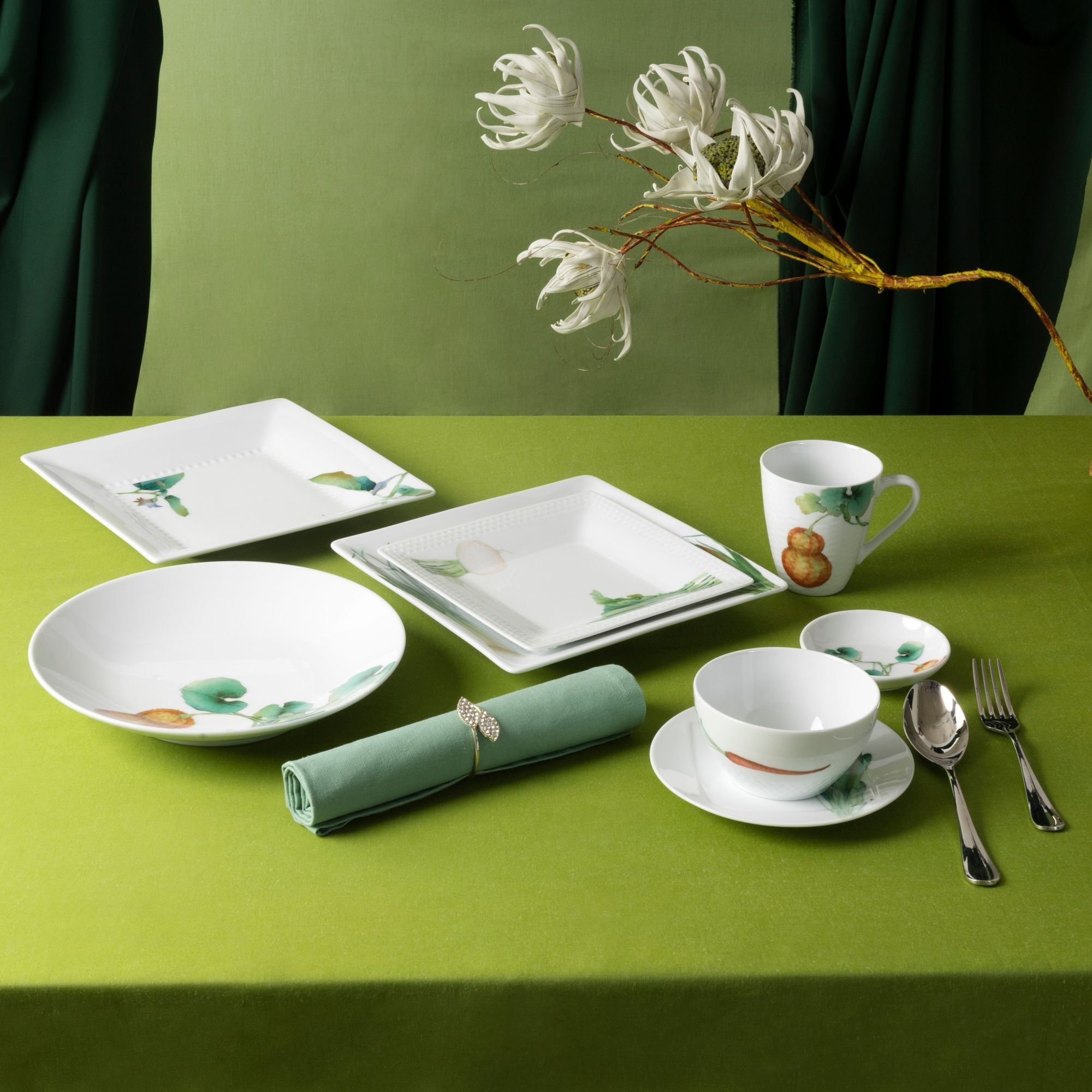 Bộ bát đĩa ăn châu Á cơ bản 22 món (cho 6 người) sứ trắng | Noritake Kyoka Shunsai 1620-17L - D022AC