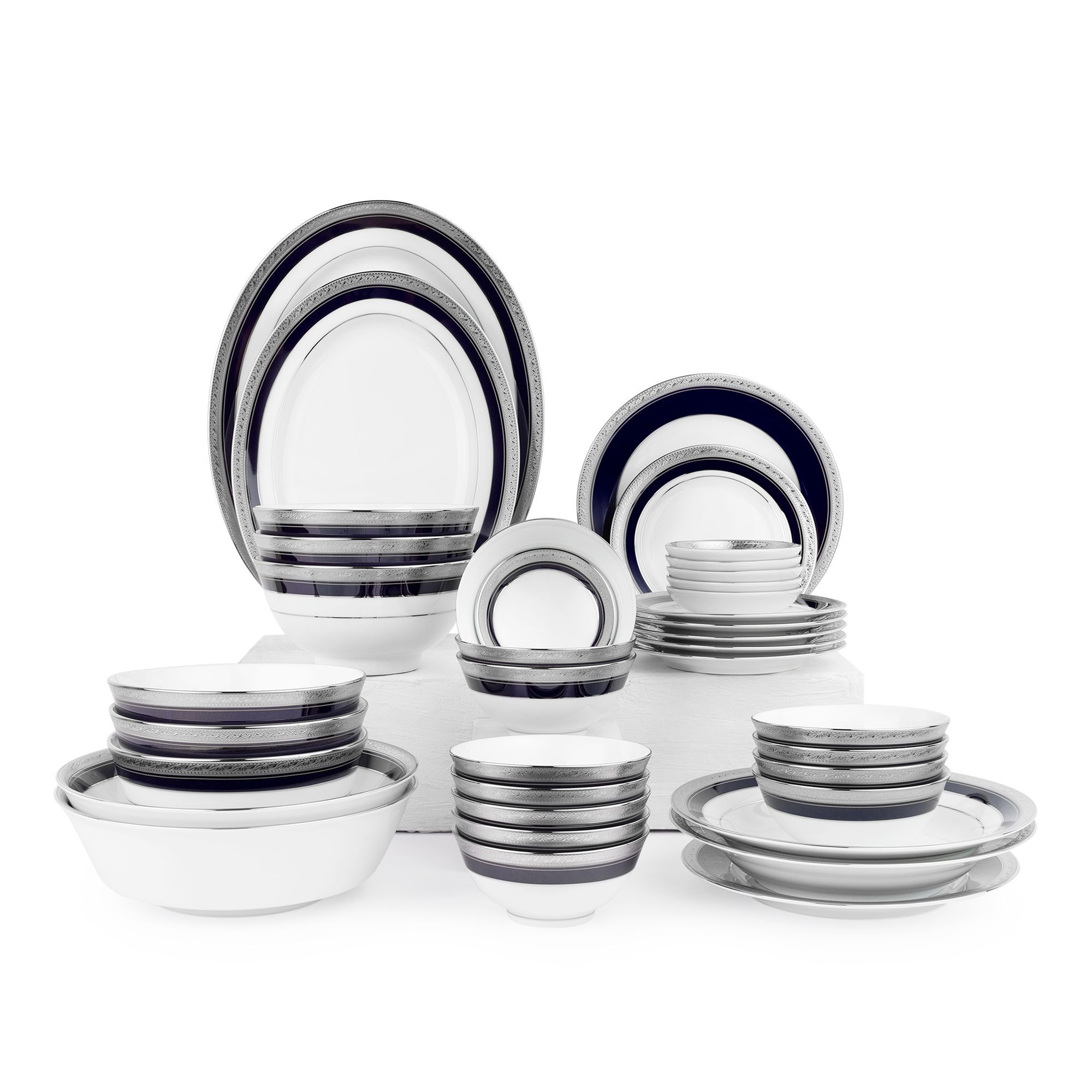 Bộ bát đĩa ăn châu Á đầy đủ 38 món (cho 6 người) sứ trắng | Noritake Crestwood Cobalt Platinum 4170L - D038AB