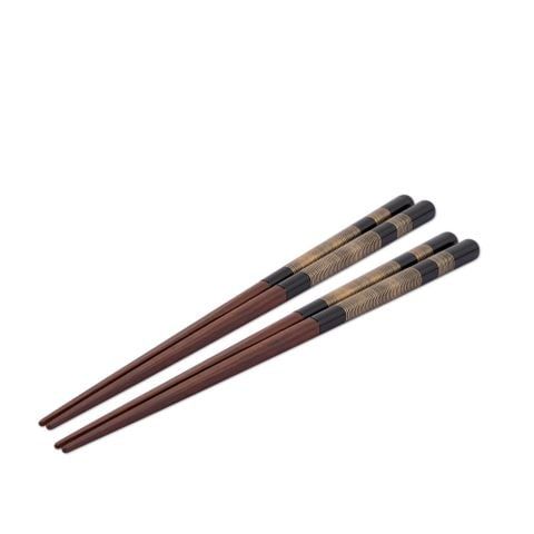 Bộ 02 đôi đũa gỗ Nhật Primrose sơn mài nâu chỉ vàng kèm hộp | Hyozaemon Chopstick 1115 - S-129HG2