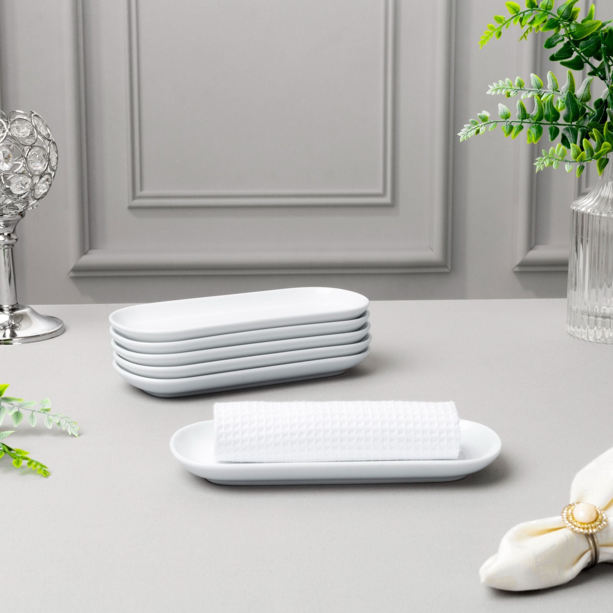 Bộ 06 khay chữ nhật bo góc dài 17,7cm đựng khăn ướt sứ trắng | Noritake Art Stage 4257L - S91877