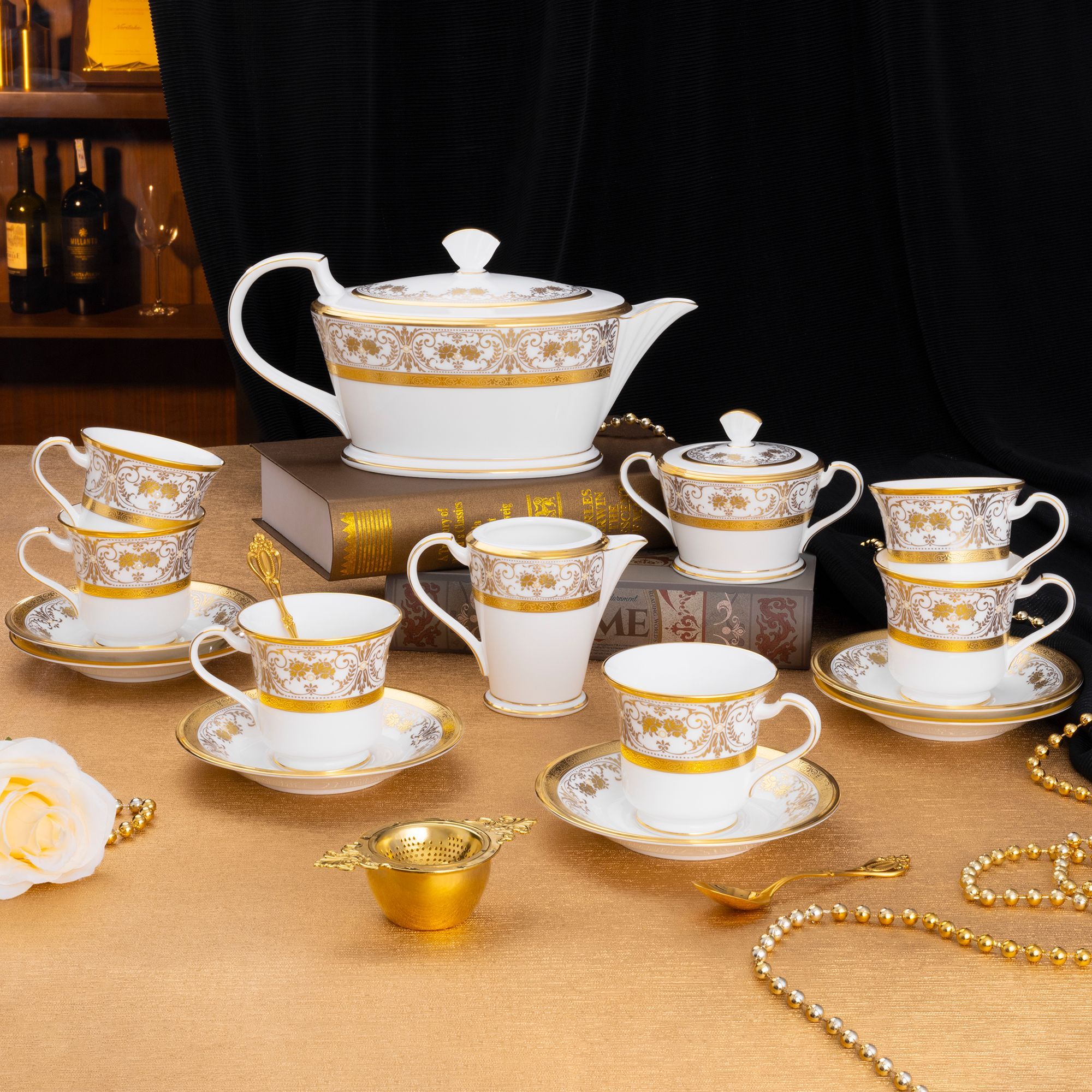 Bộ ấm chén uống trà (ấm 1.440ml, chén 220ml) 15 món sứ xương Nhật Bản | Noritake Georgian Palace 4858J - T017L