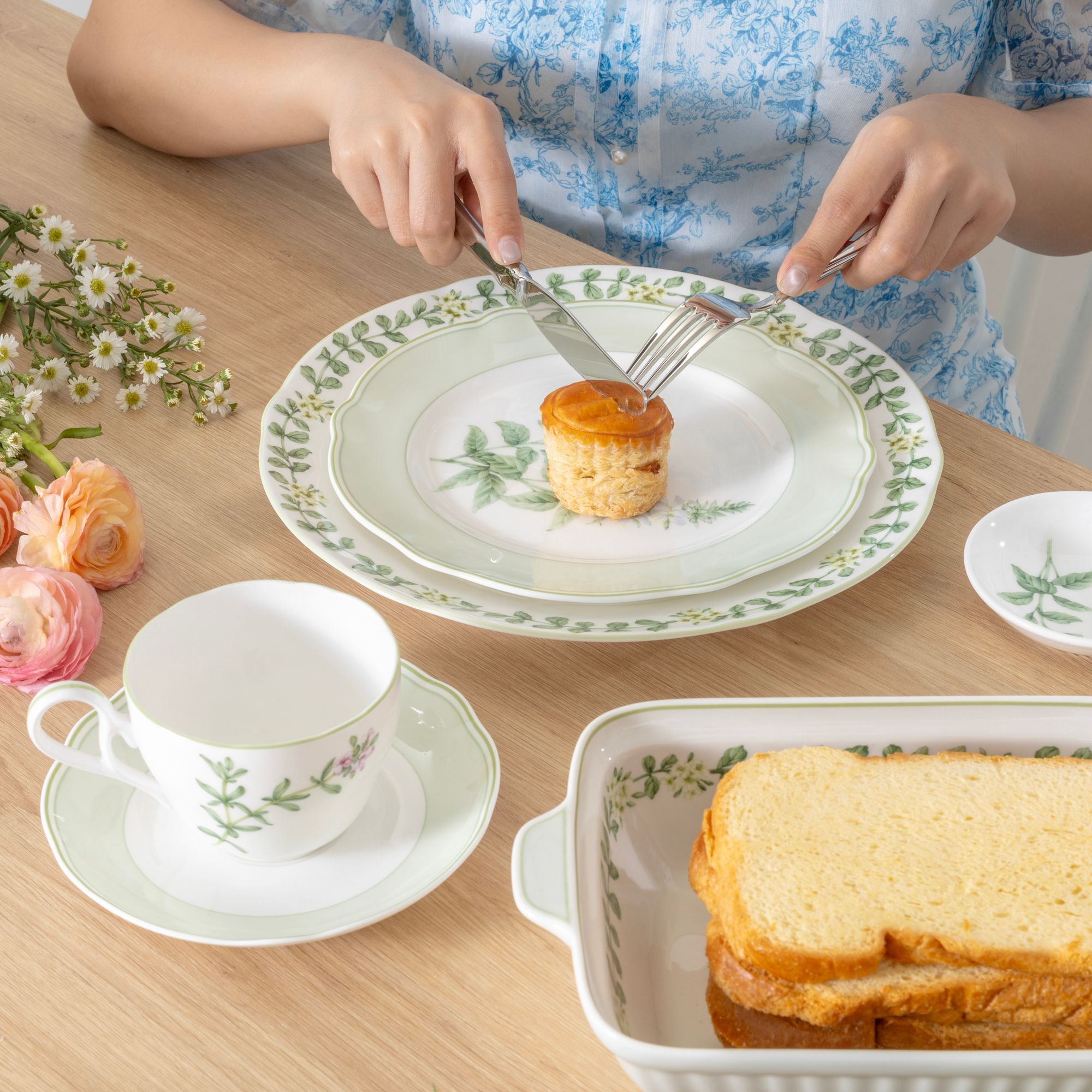 Bộ bát đĩa ăn châu Á đầy đủ 38 món (cho 6 người) sứ xương | Noritake English Herbs 4942L - D038AN