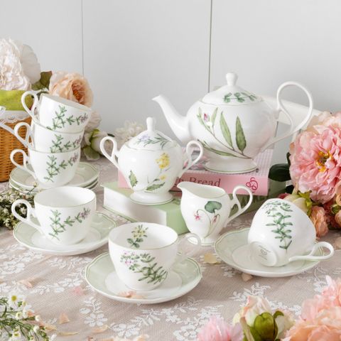  Bộ ấm chén uống trà (ấm 1.030ml, chén 250ml) 15 món sứ xương | Noritake English Herbs 4942L - T017A 