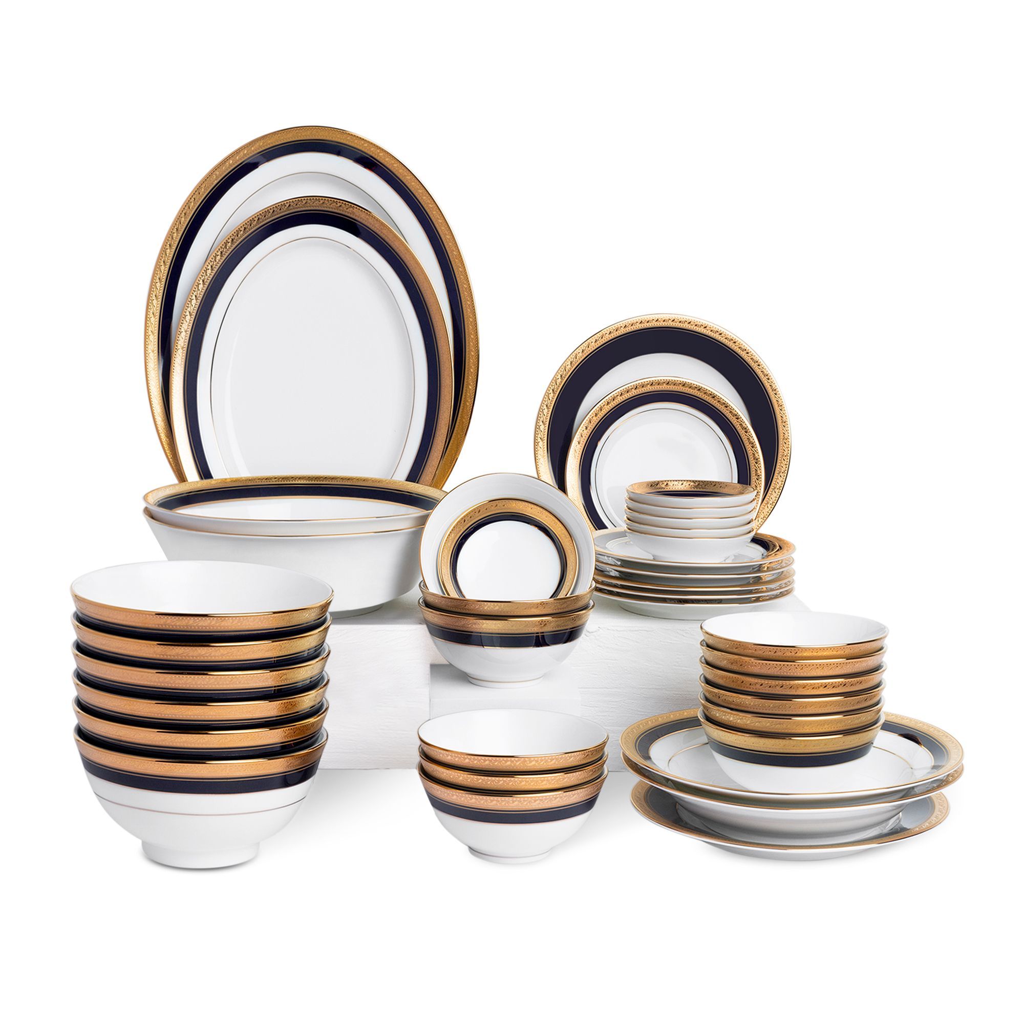 Bộ bát đĩa ăn châu Á đầy đủ 38 món (cho 6 người) sứ trắng | Noritake Crestwood Cobalt Gold 4171L - D038AB