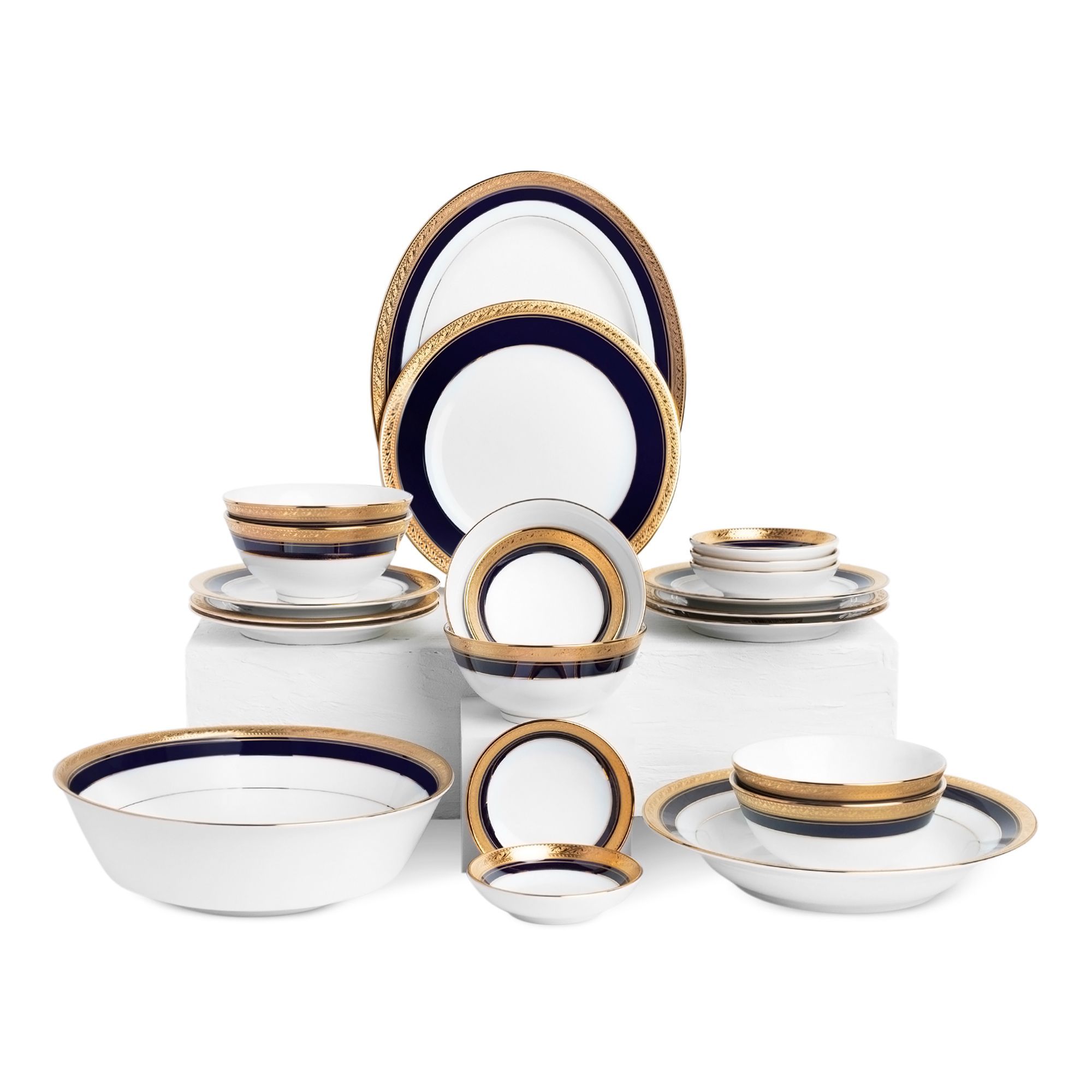Bộ bát đĩa ăn châu Á cơ bản 22 món (cho 6 người) sứ trắng | Noritake Crestwood Cobalt Gold 4171L - D022AB