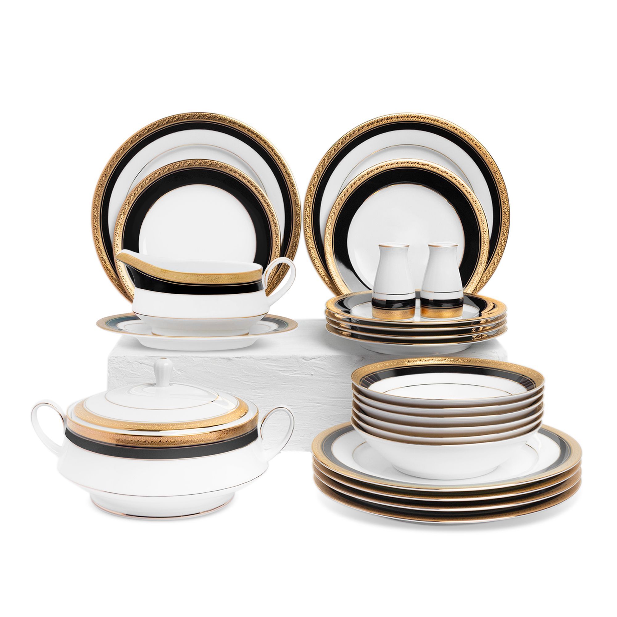 Bộ đĩa ăn kiểu Âu 22 món (cho 6 người) sứ trắng | Noritake Crestwood Cobalt Gold 4171L - D024AL