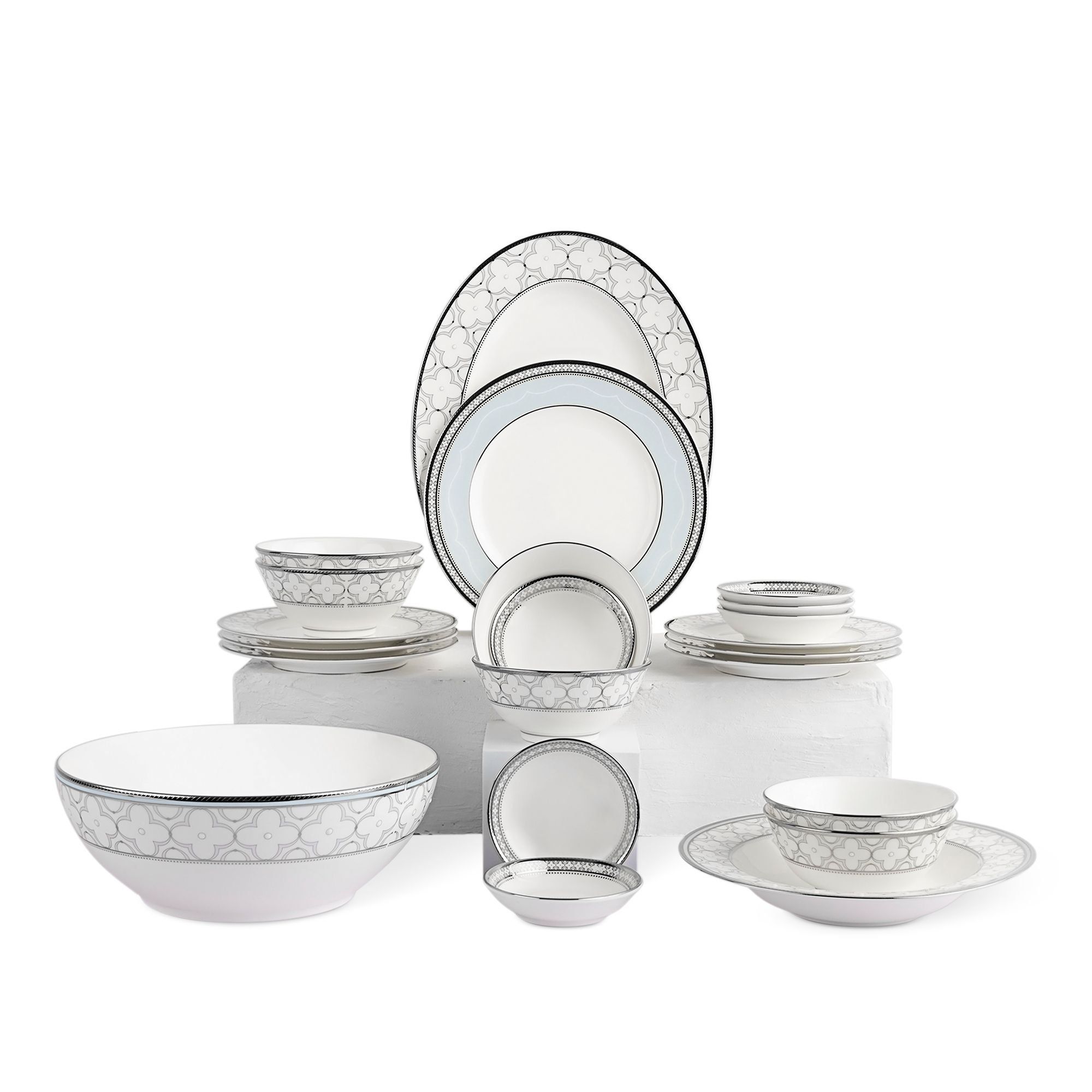 Bộ bát đĩa ăn châu Á cơ bản 22 món (cho 6 người) sứ xương | Noritake Trefolio Platinum 4957L - D022AB