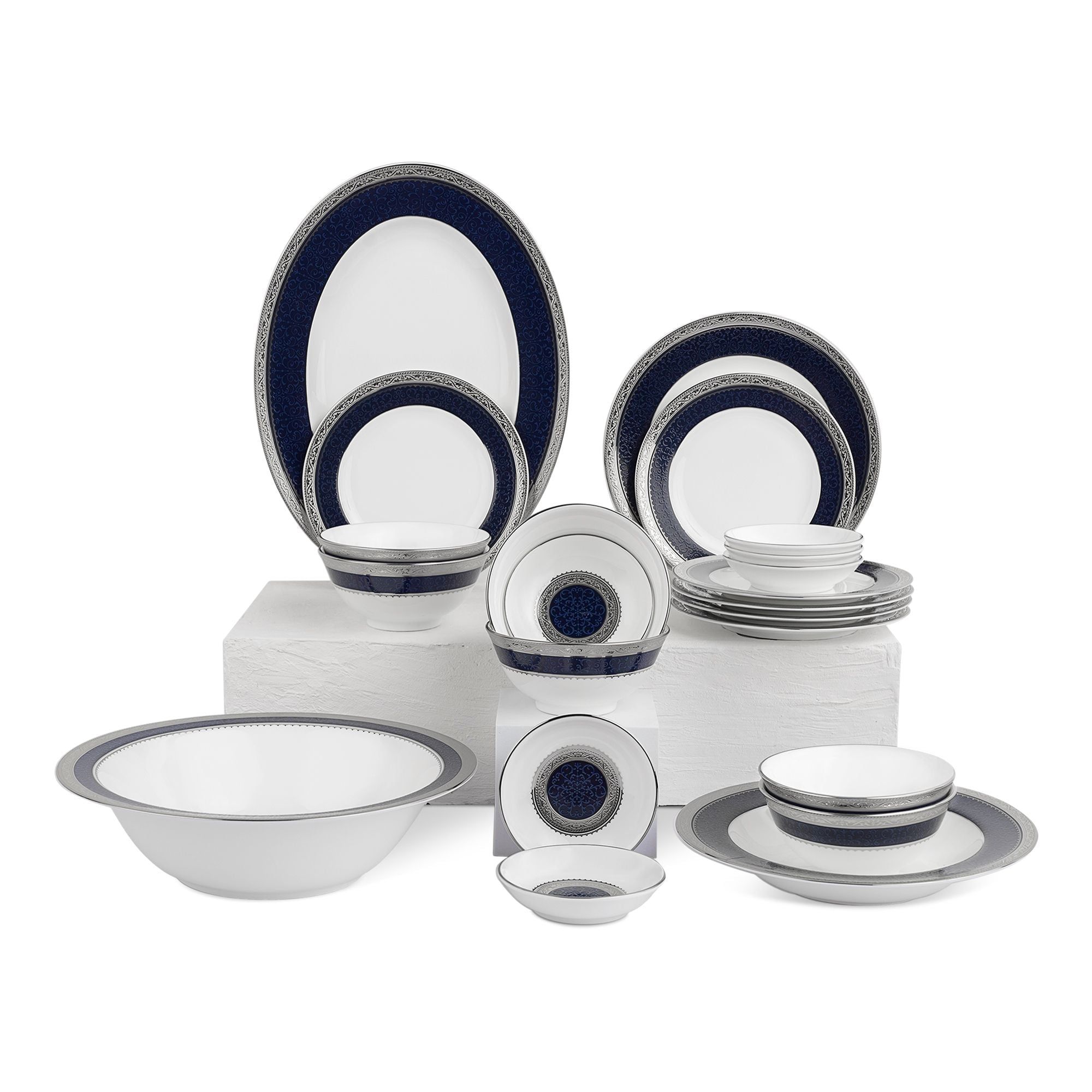 Bộ bát đĩa ăn châu Á cơ bản 22 món (cho 6 người) sứ xương | Noritake Odessa Cobalt Platinum 4922L - D022AB