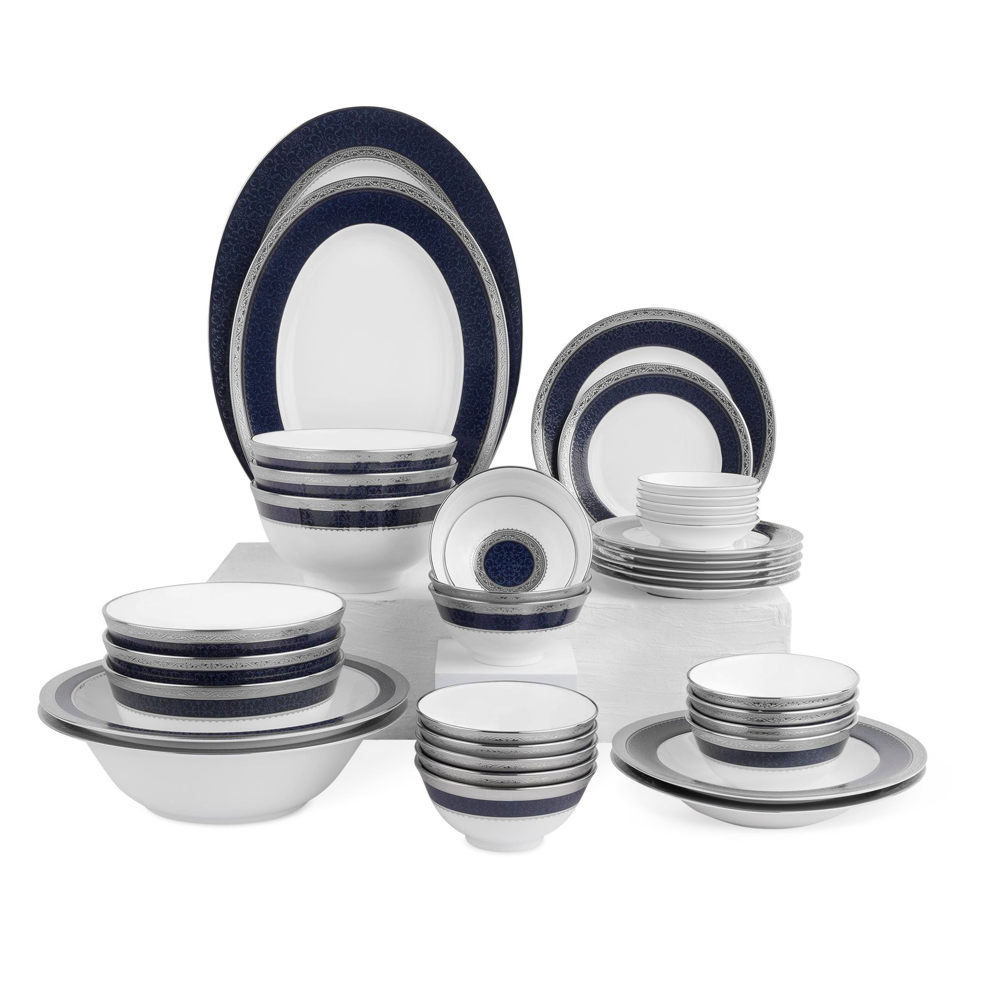 Bộ bát đĩa ăn châu Á đầy đủ 38 món (cho 6 người) sứ xương | Noritake Odessa Cobalt Platinum 4922L - D038AC