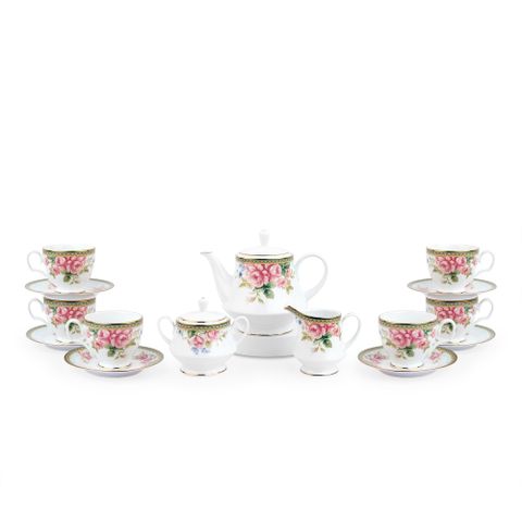  Bộ ấm chén uống trà (ấm 1.200ml, chén 250ml) 15 món sứ trắng | Noritake Rosa Basket 1736L - T017A 