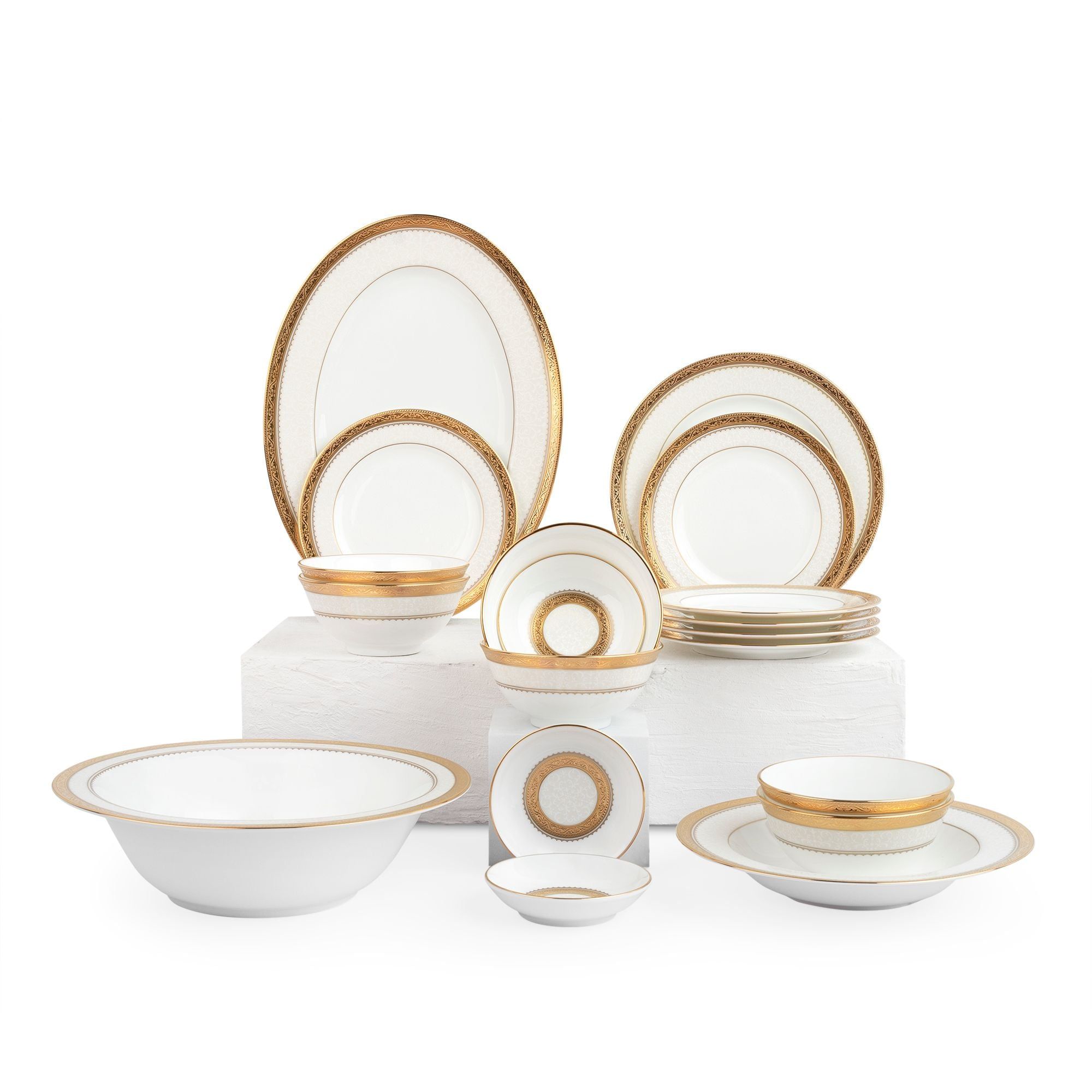 Bộ bát đĩa ăn châu Á cơ bản 22 món (cho 6 người) sứ xương | Noritake Odessa Gold 4874L - D022AB