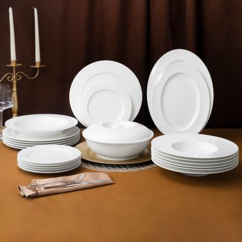  Bộ đĩa ăn kiểu Âu 22 món (đĩa tròn, cho 6 người) sứ xương | Noritake Plain White 9990L - D023ET 