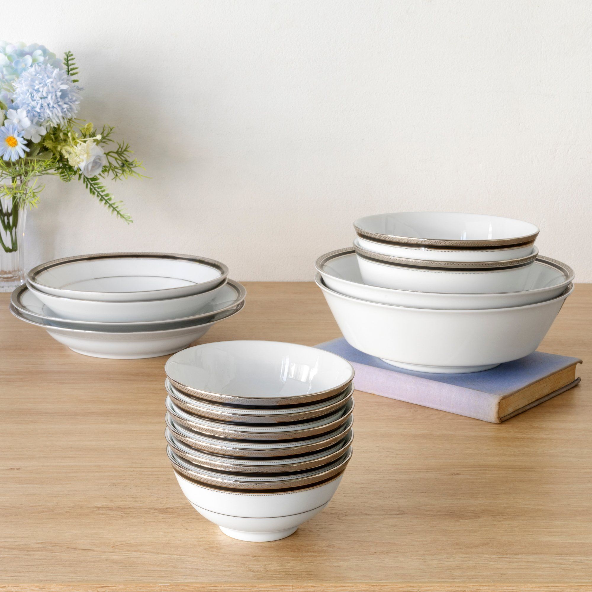 Bộ bát đĩa ăn châu Á đầy đủ 38 món (cho 6 người) sứ trắng | Noritake Austin Platinum 4360L - D038AB