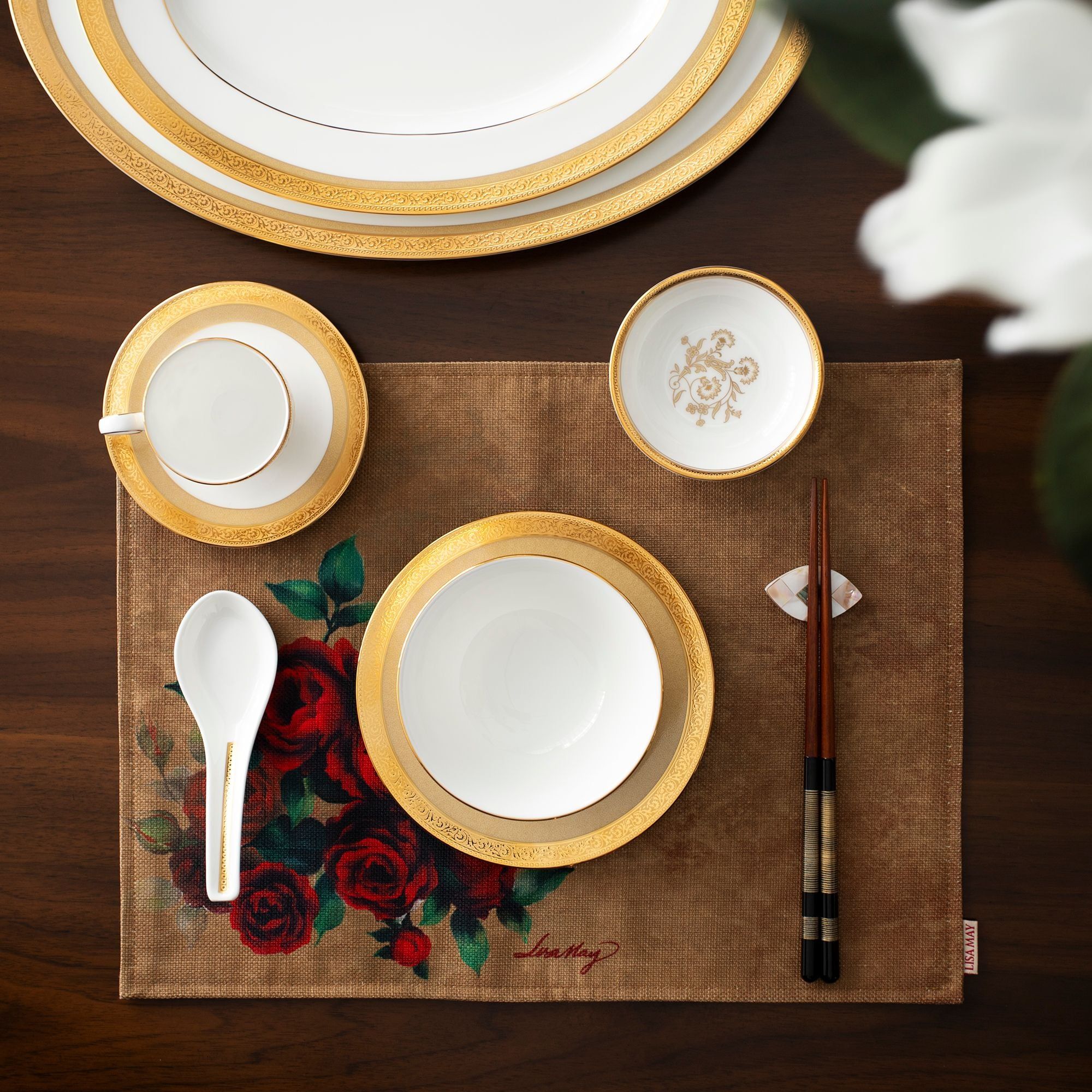 Bộ bát đĩa ăn châu Á đầy đủ 38 món (cho 6 người) sứ xương | Noritake Summit Gold 4912L - D038AC