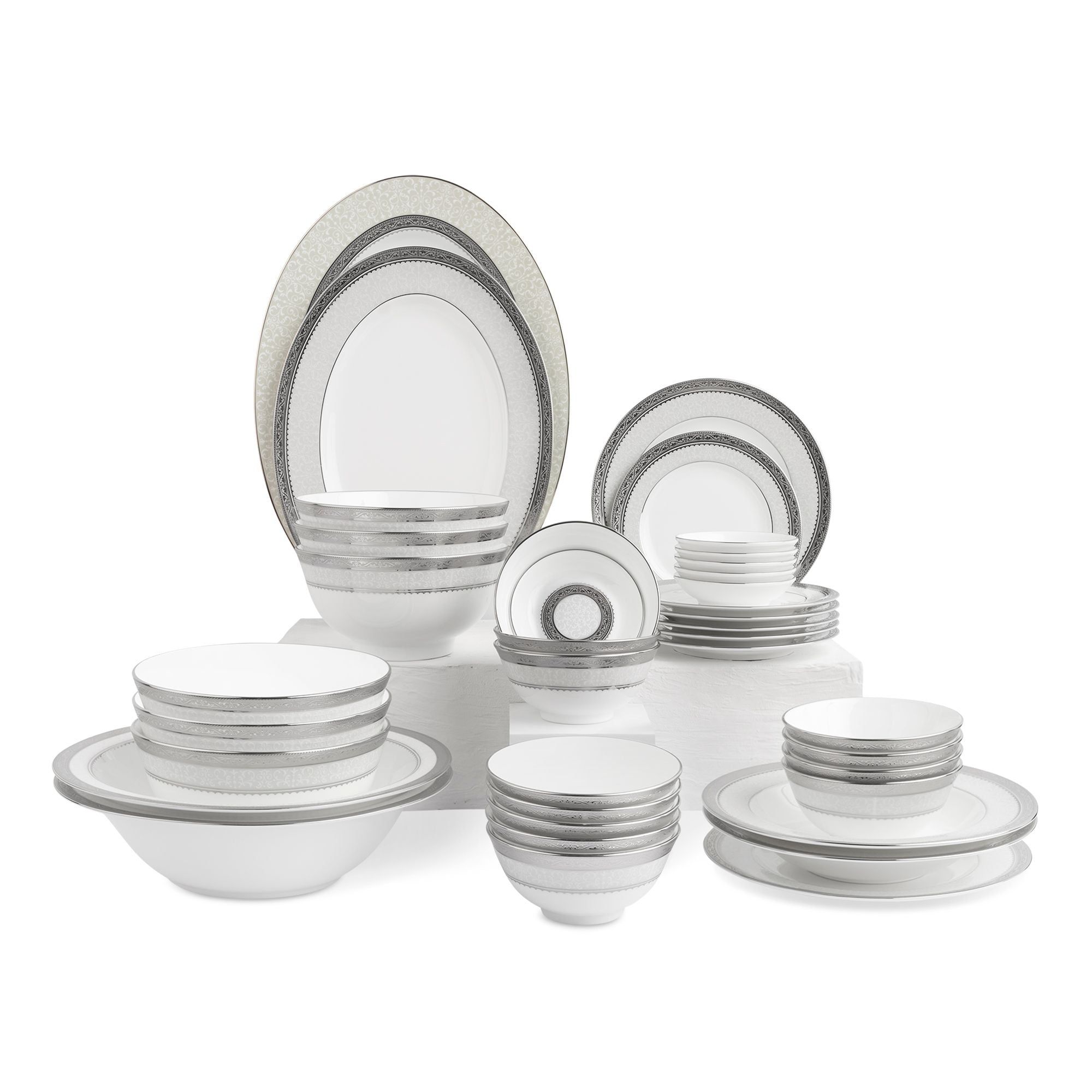 Bộ bát đĩa ăn châu Á đầy đủ 38 món (cho 6 người) sứ xương | Noritake Odessa Platinum 4875L - D038AC