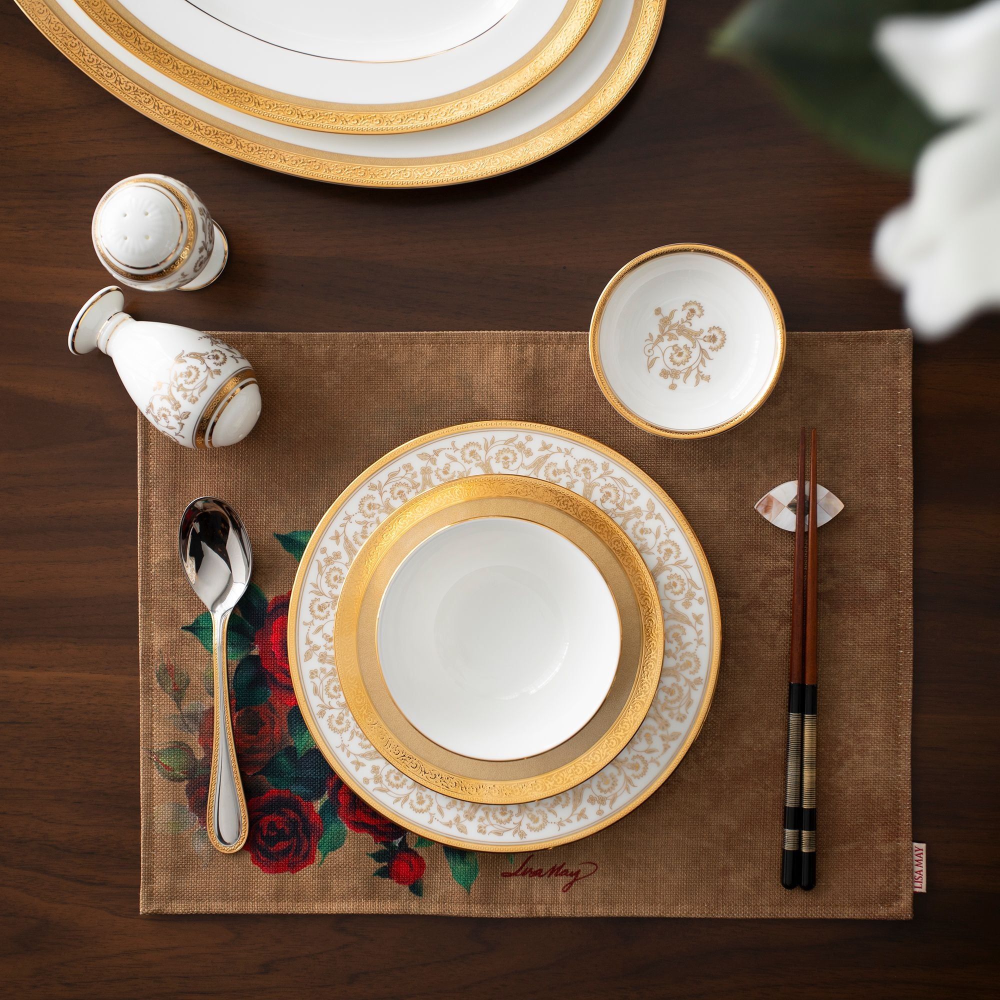 Bộ bát đĩa ăn châu Á đầy đủ 38 món (cho 6 người) sứ xương | Noritake Summit Gold 4912L - D038AC