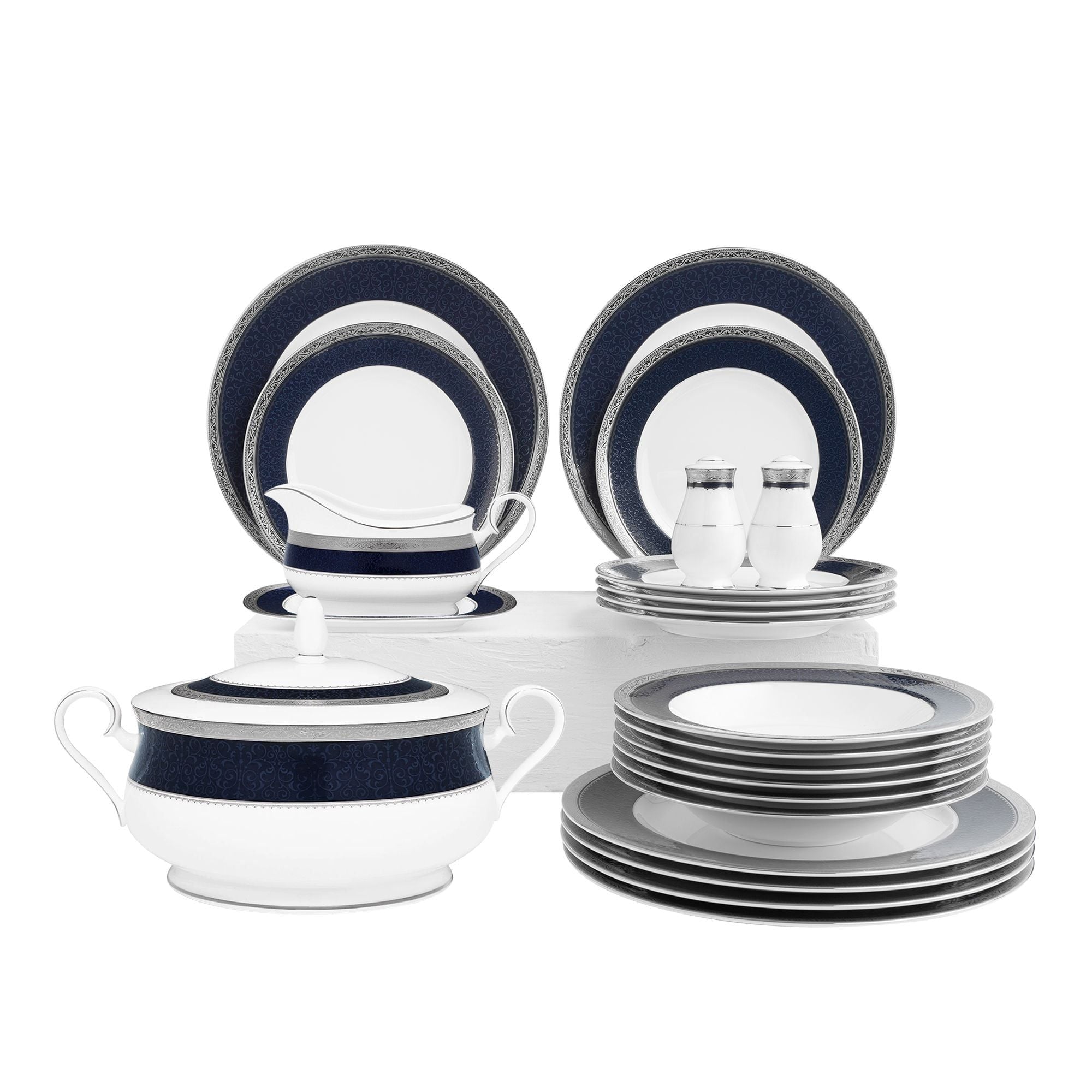 Bộ đĩa ăn kiểu Âu 22 món (cho 6 người) sứ xương | Noritake Odessa Cobalt Platinum 4922L - D024AN
