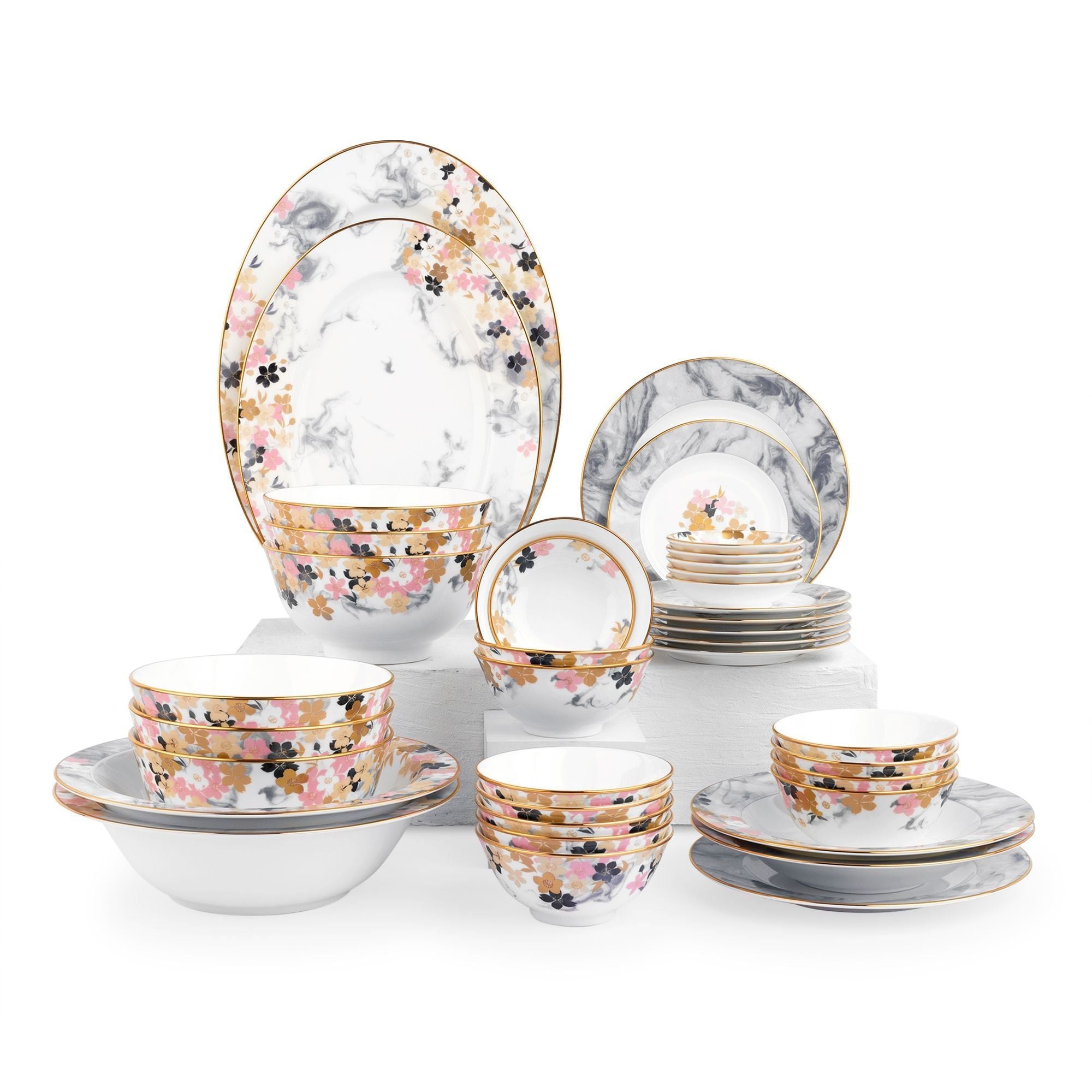 Bộ bát đĩa ăn châu Á đầy đủ 38 món (cho 6 người) sứ xương | Noritake Moonlit Blossoms 4969L - D038AC
