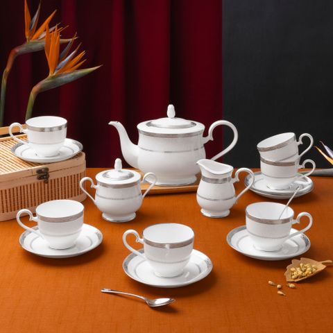  Bộ ấm chén uống trà (ấm 1.300ml, chén 230ml) 15 món sứ xương | Noritake Odessa Platinum 4875L - T017A 