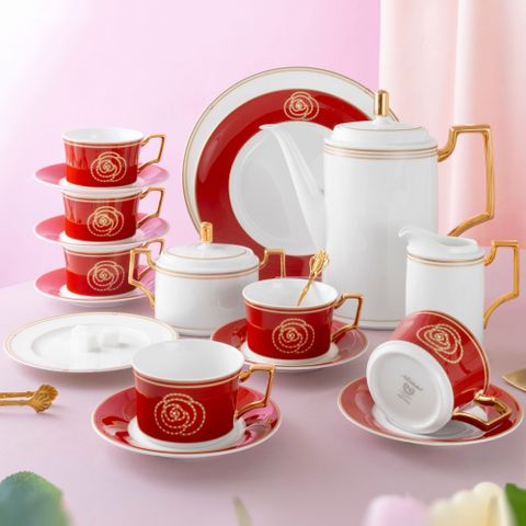  Bộ ấm chén uống cà phê (ấm 1.650ml, chén đỏ 240ml ) 18 món sứ xương | Noritake Aidan Gold 4941L - C020D 