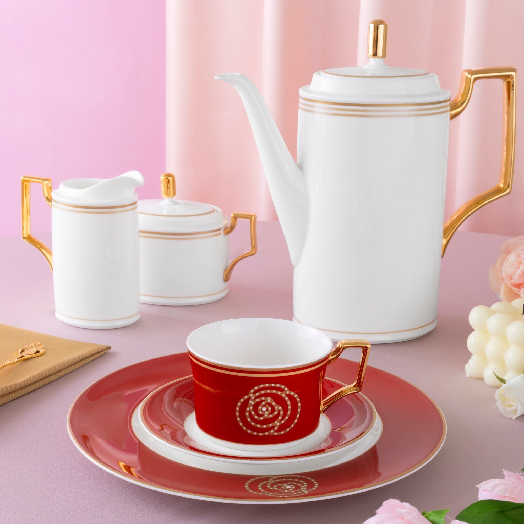 Bộ ấm chén uống cà phê (ấm 1.650ml, chén đỏ 240ml ) 18 món sứ xương | Noritake Aidan Gold 4941L - C020D