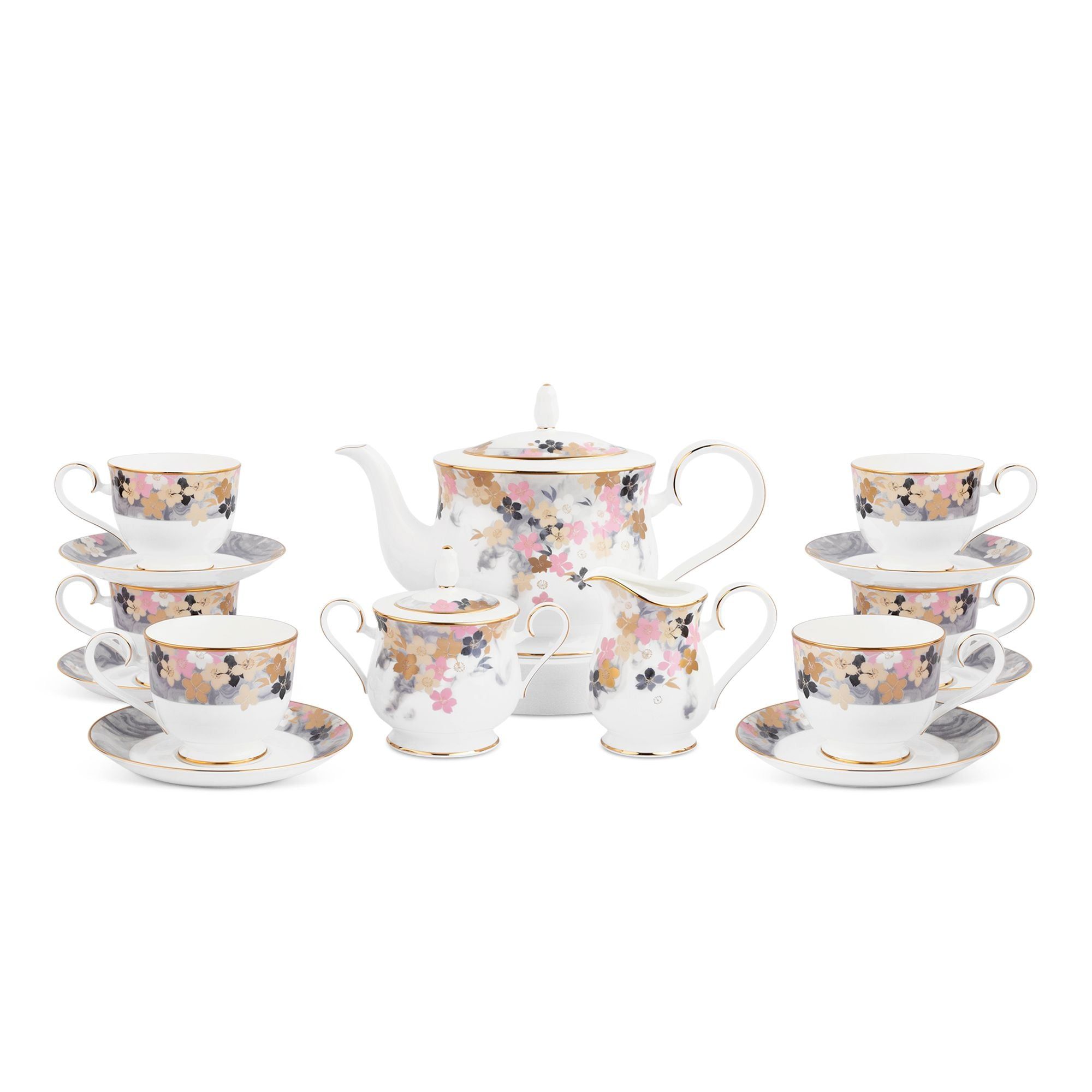 Bộ ấm chén uống trà (ấm 1.300ml, chén 230ml) 15 món sứ xương | Noritake Moonlit Blossoms 4969L - T017A