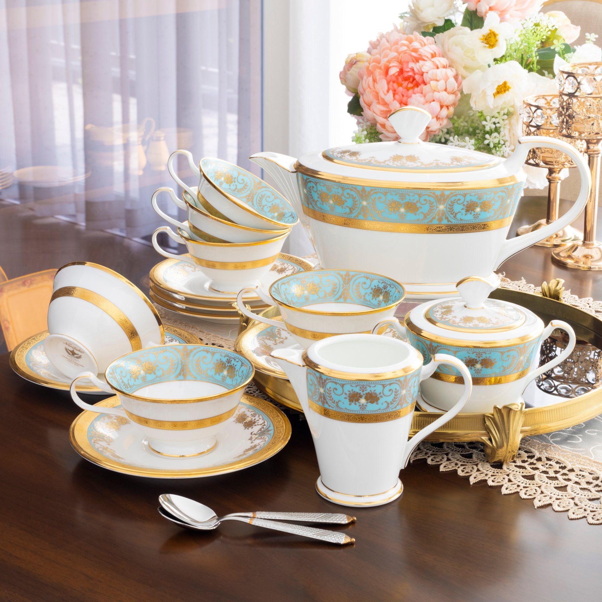 Bộ ấm chén uống trà (ấm 1.440ml, chén dáng loe 220ml) 15 món sứ xương Nhật Bản | Noritake Georgian Turquoise 4857J - T017A