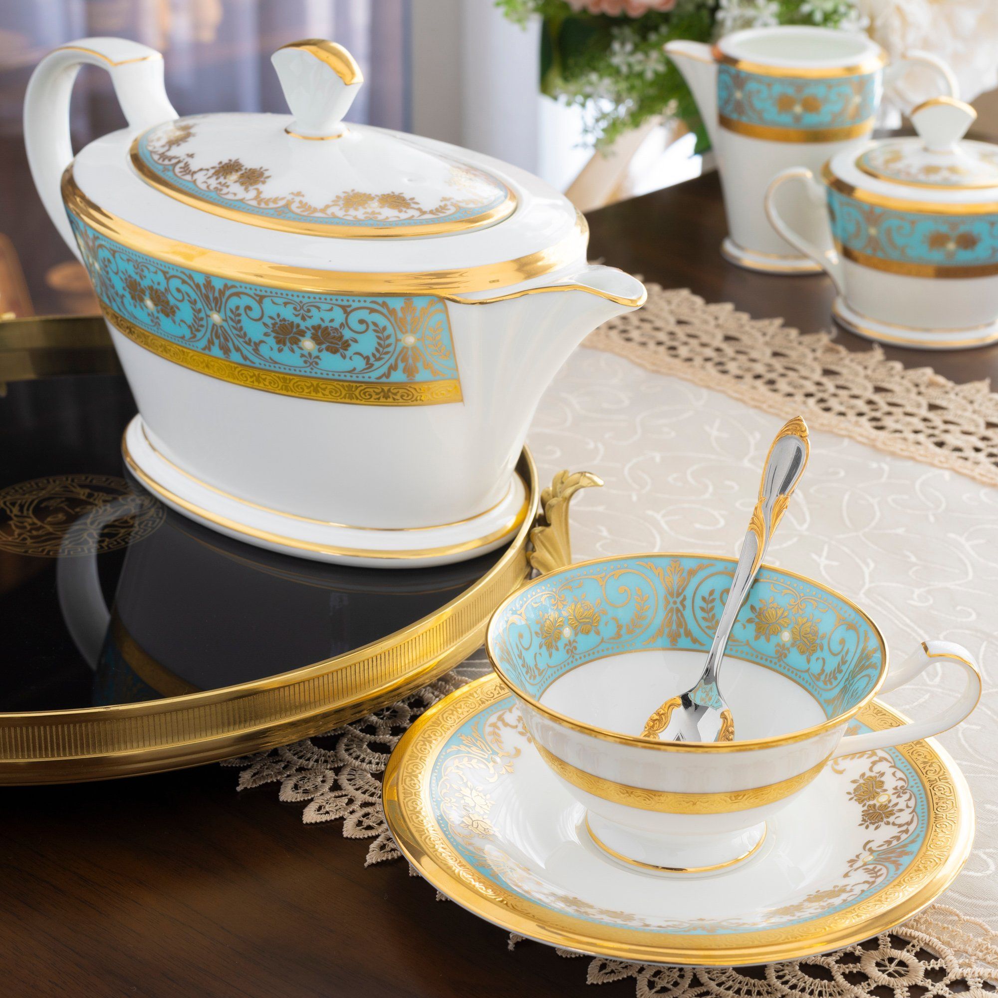 Bộ ấm chén uống trà (ấm 1.440ml, chén dáng loe 220ml) 15 món sứ xương Nhật Bản | Noritake Georgian Turquoise 4857J - T017A