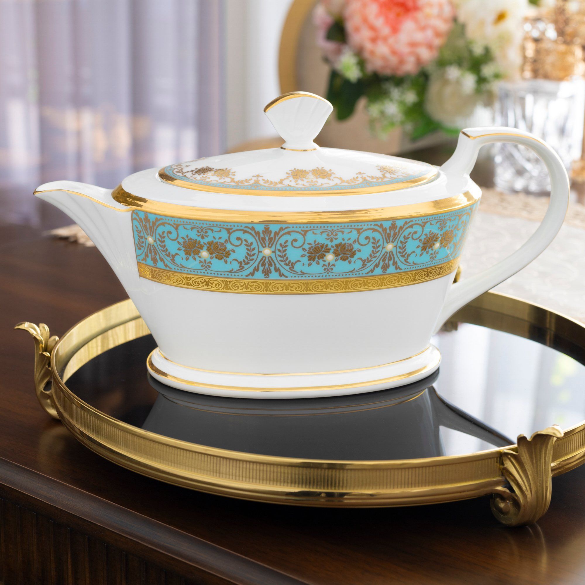 Bộ ấm chén uống trà (ấm 1.440ml, chén dáng loe 220ml) 15 món sứ xương Nhật Bản | Noritake Georgian Turquoise 4857J - T017A