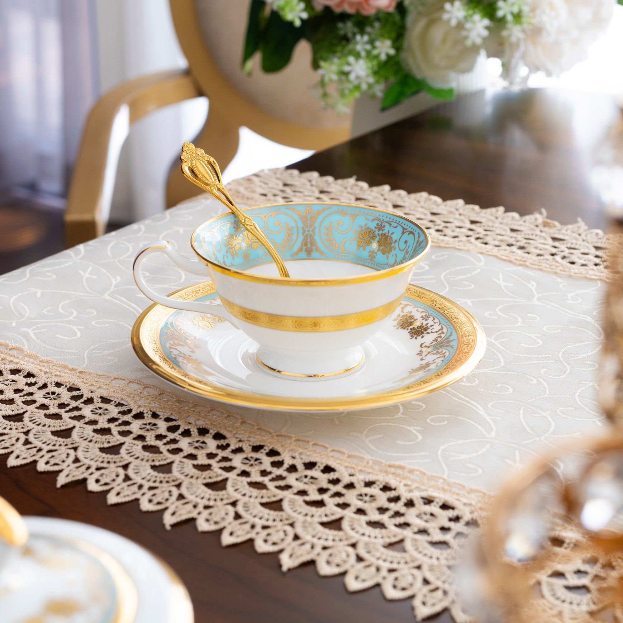 Bộ ấm chén uống trà (ấm 1.440ml, chén dáng loe 220ml) 15 món sứ xương Nhật Bản | Noritake Georgian Turquoise 4857J - T017A