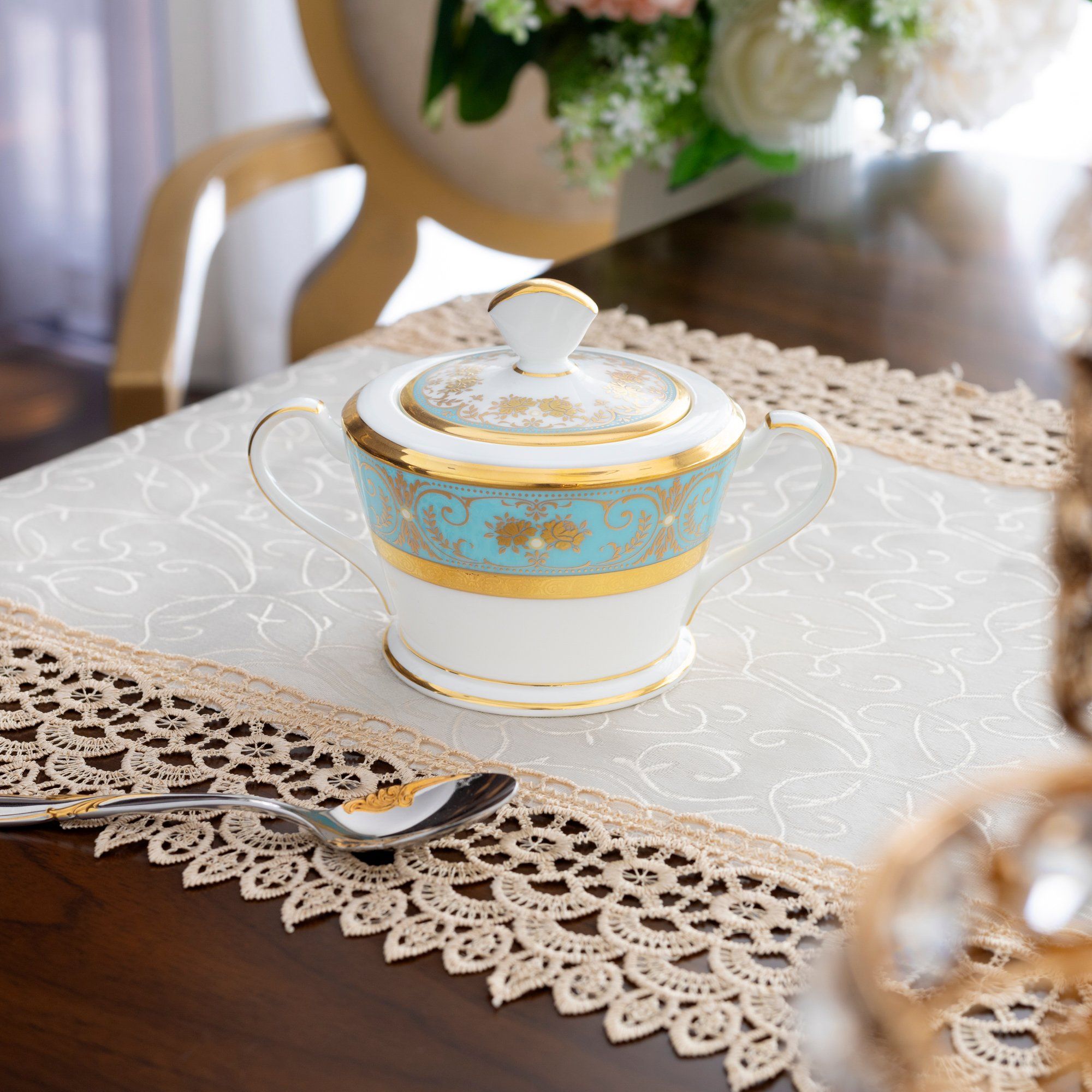 Bộ ấm chén uống trà (ấm 1.440ml, chén dáng loe 220ml) 15 món sứ xương Nhật Bản | Noritake Georgian Turquoise 4857J - T017A