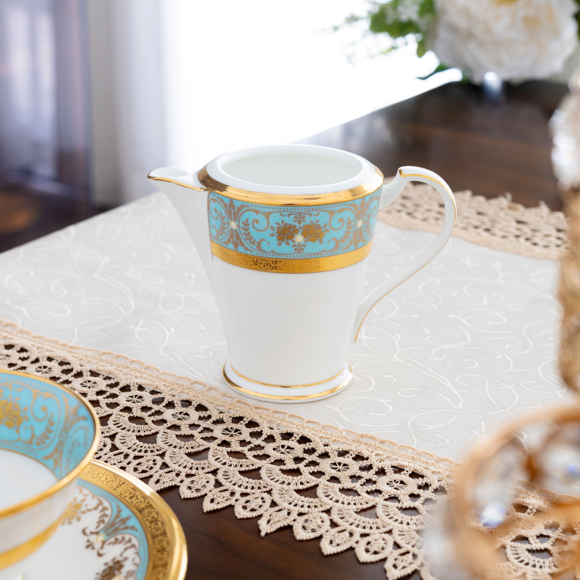 Bộ ấm chén uống trà (ấm 1.440ml, chén dáng loe 220ml) 15 món sứ xương Nhật Bản | Noritake Georgian Turquoise 4857J - T017A