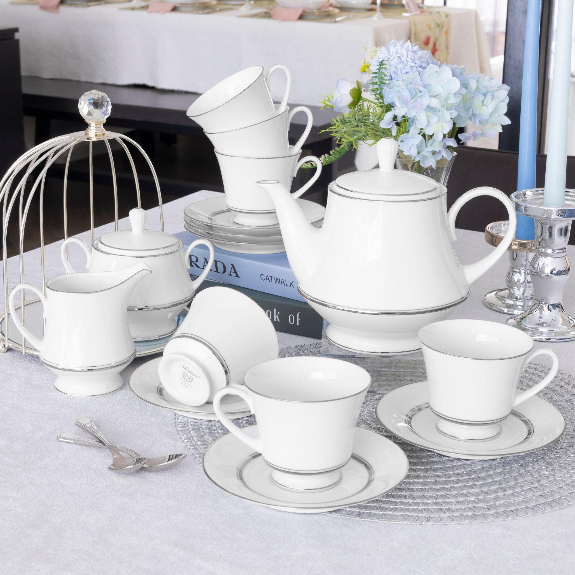 Bộ ấm chén uống trà (ấm 1.200ml, chén 230ml) 15 món sứ trắng | Noritake Galaxy L554L - T017A