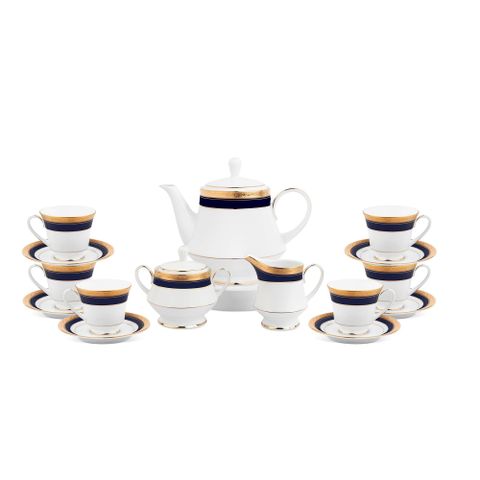  Bộ ấm chén uống trà (ấm 1.200ml, chén 230ml) 15 món sứ trắng | Noritake Crestwood Cobalt Gold 4171L - T017A 