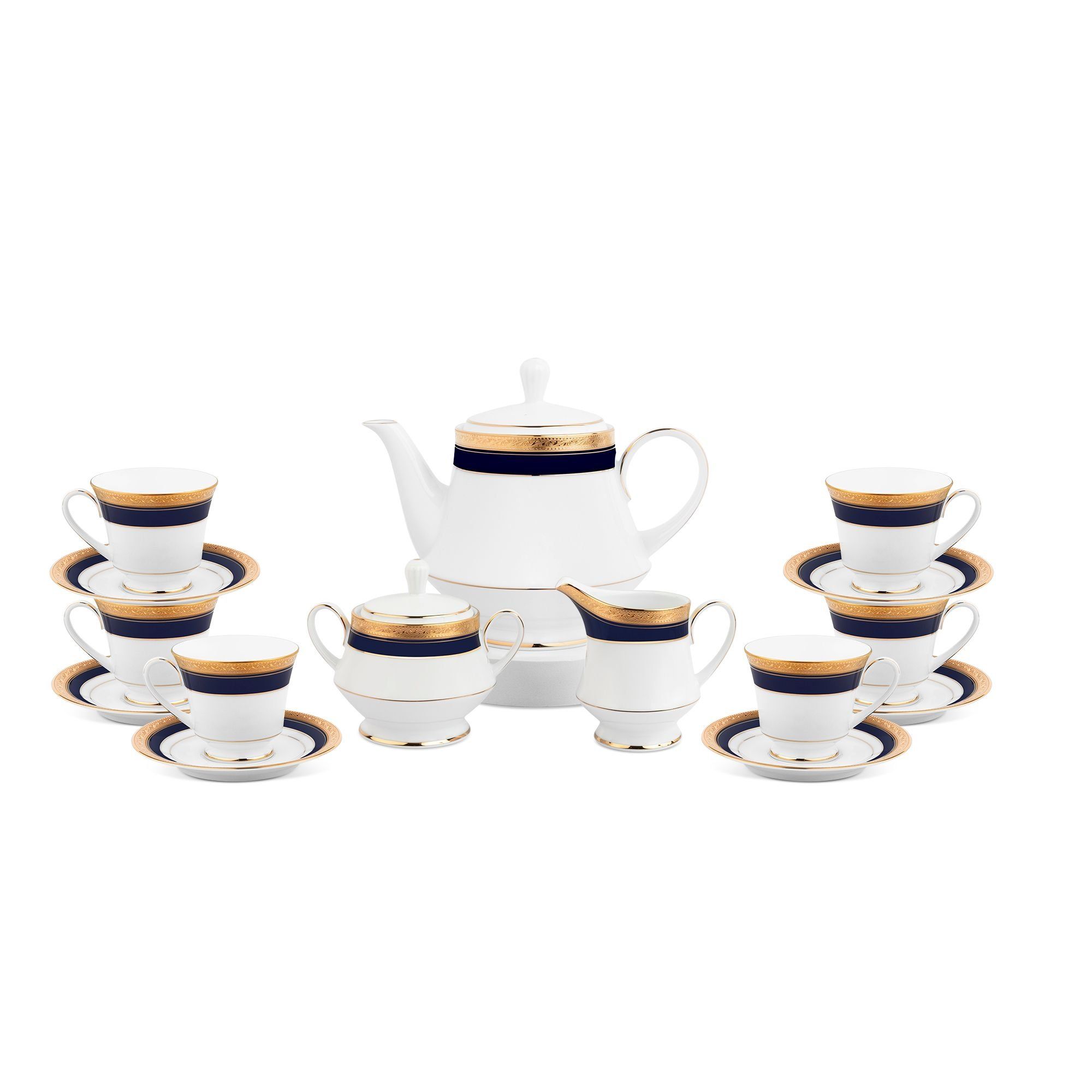 Bộ ấm chén uống trà (ấm 1.200ml, chén 230ml) 15 món sứ trắng | Noritake Crestwood Cobalt Gold 4171L - T017A