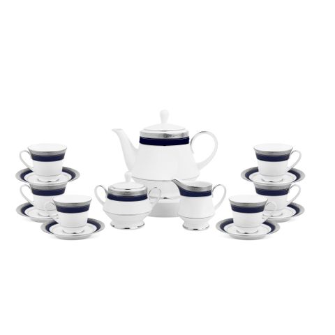  Bộ ấm chén uống trà (ấm 1.200ml, chén 230ml) 15 món sứ trắng | Noritake Crestwood Cobalt Platinum 4170L - T017A 