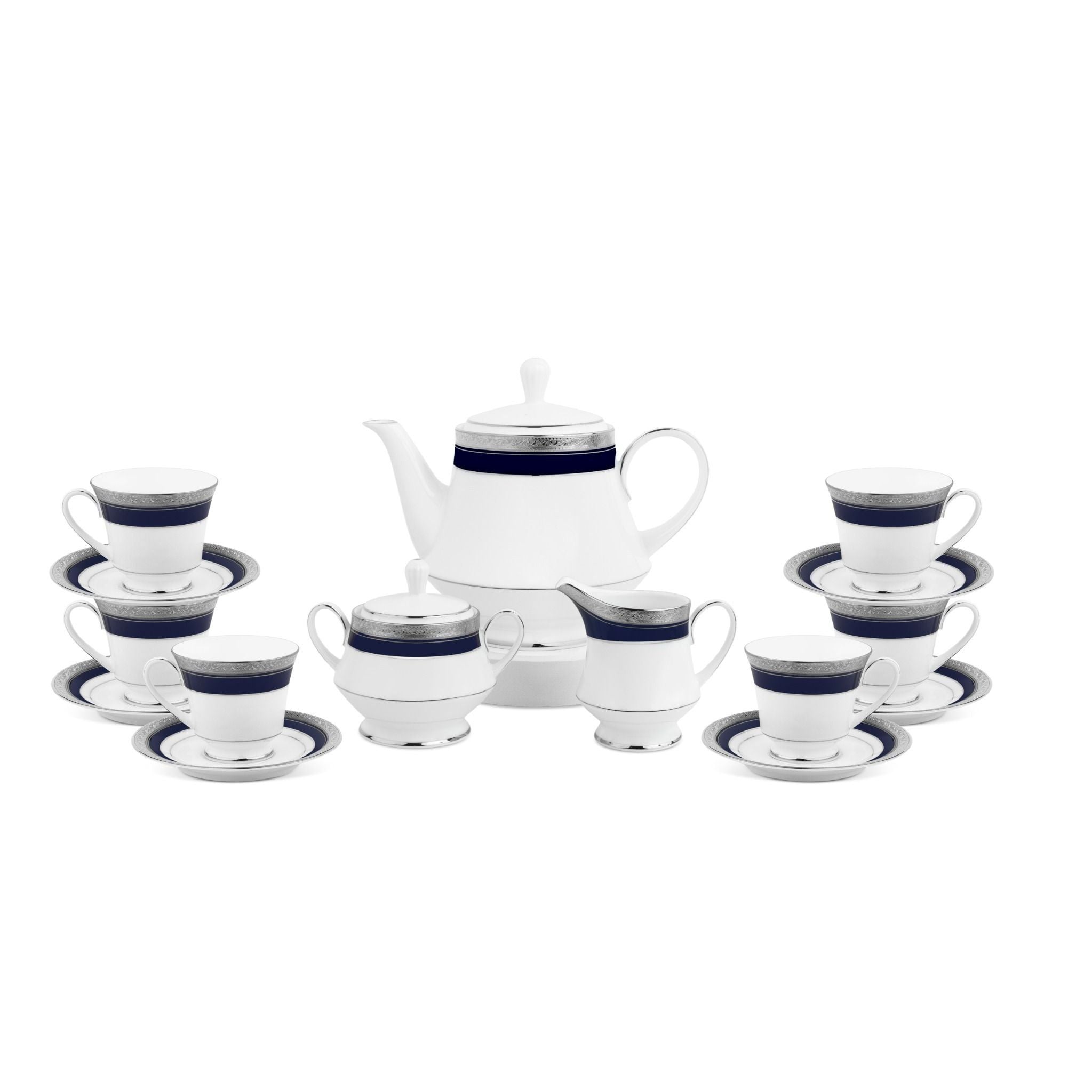 Bộ ấm chén uống trà (ấm 1.200ml, chén 230ml) 15 món sứ trắng | Noritake Crestwood Cobalt Platinum 4170L - T017A